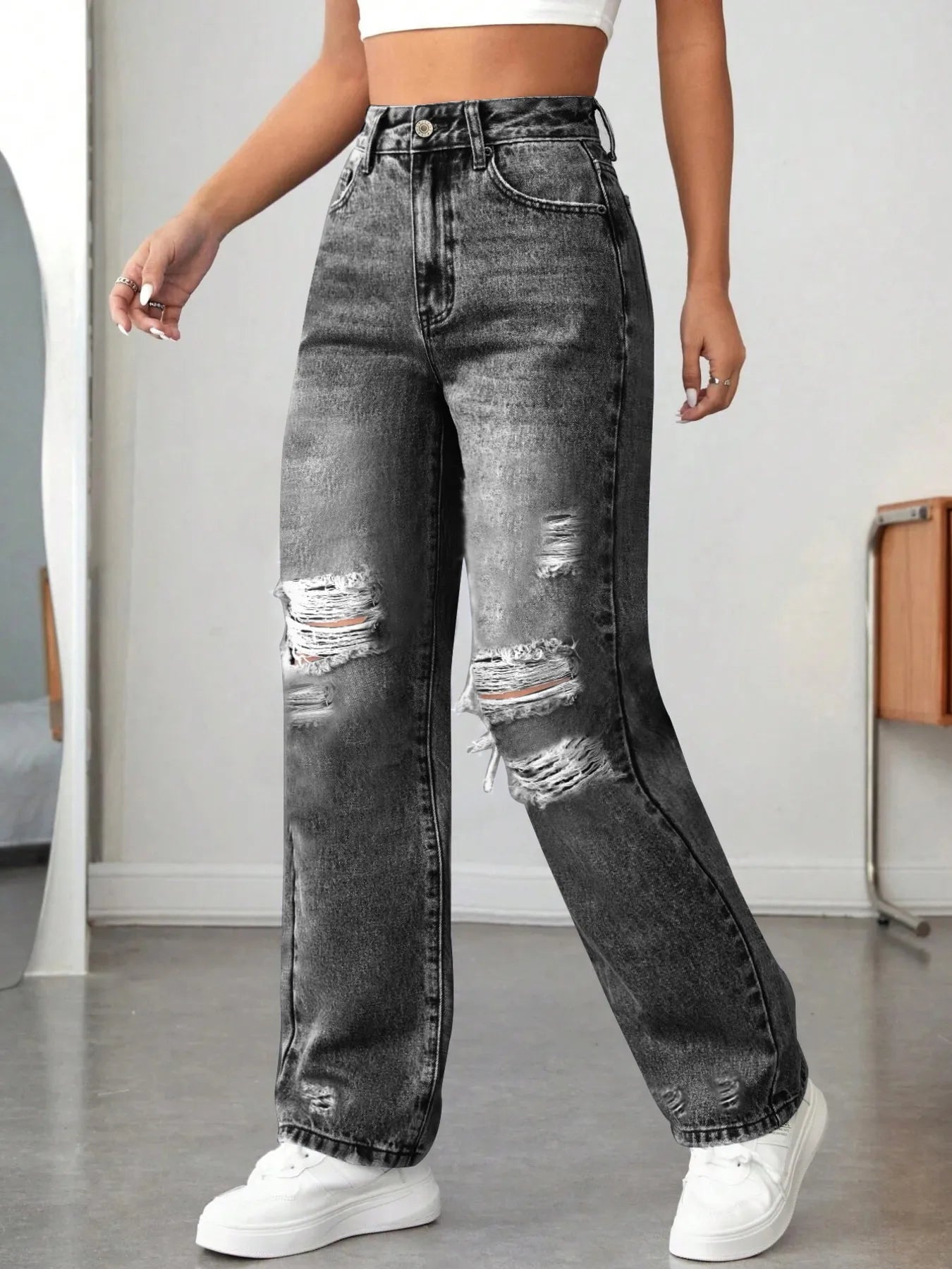 Distressed High Waisted Jeans - R - DRESS