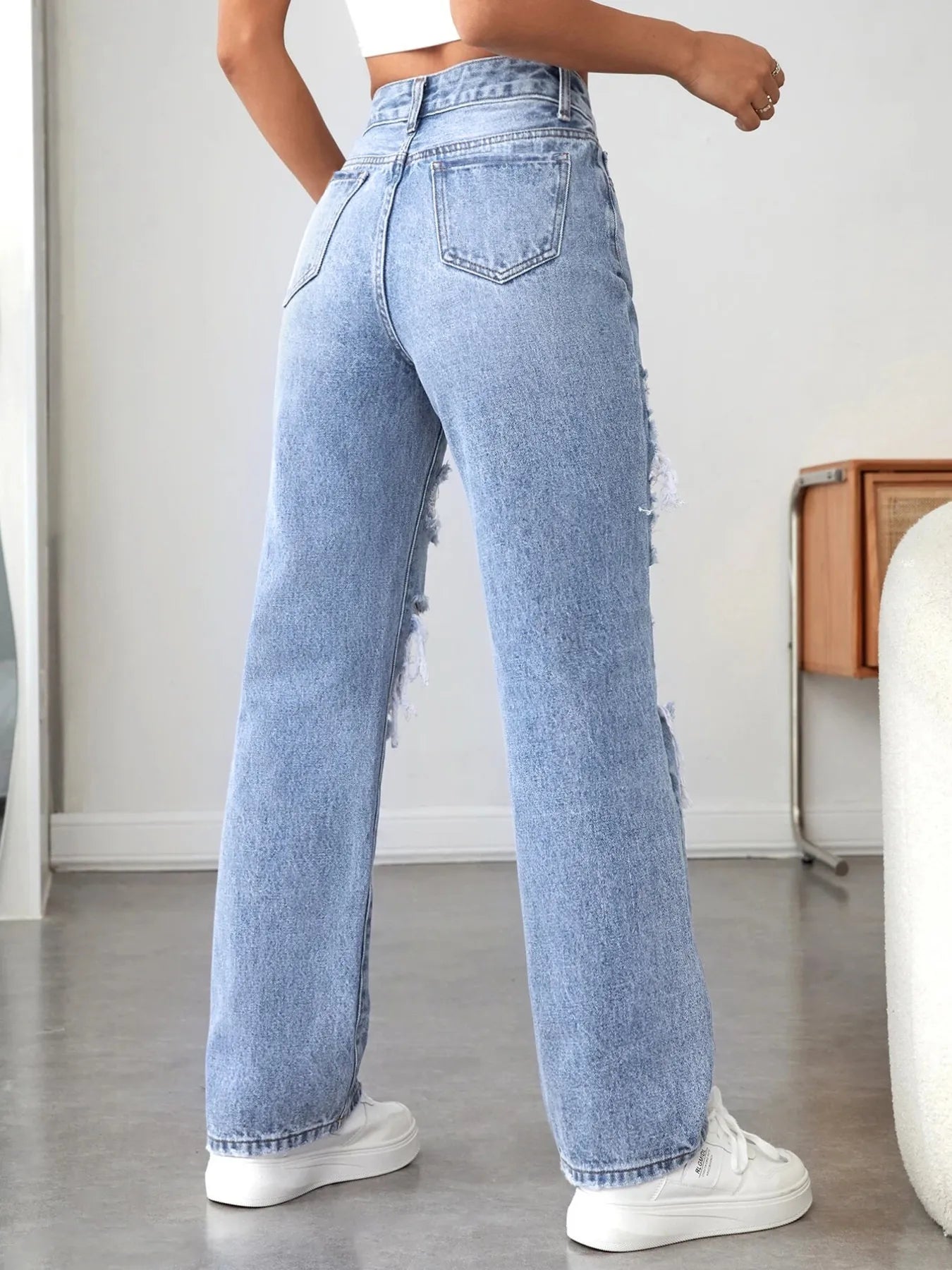 Distressed High Waisted Jeans - R - DRESS
