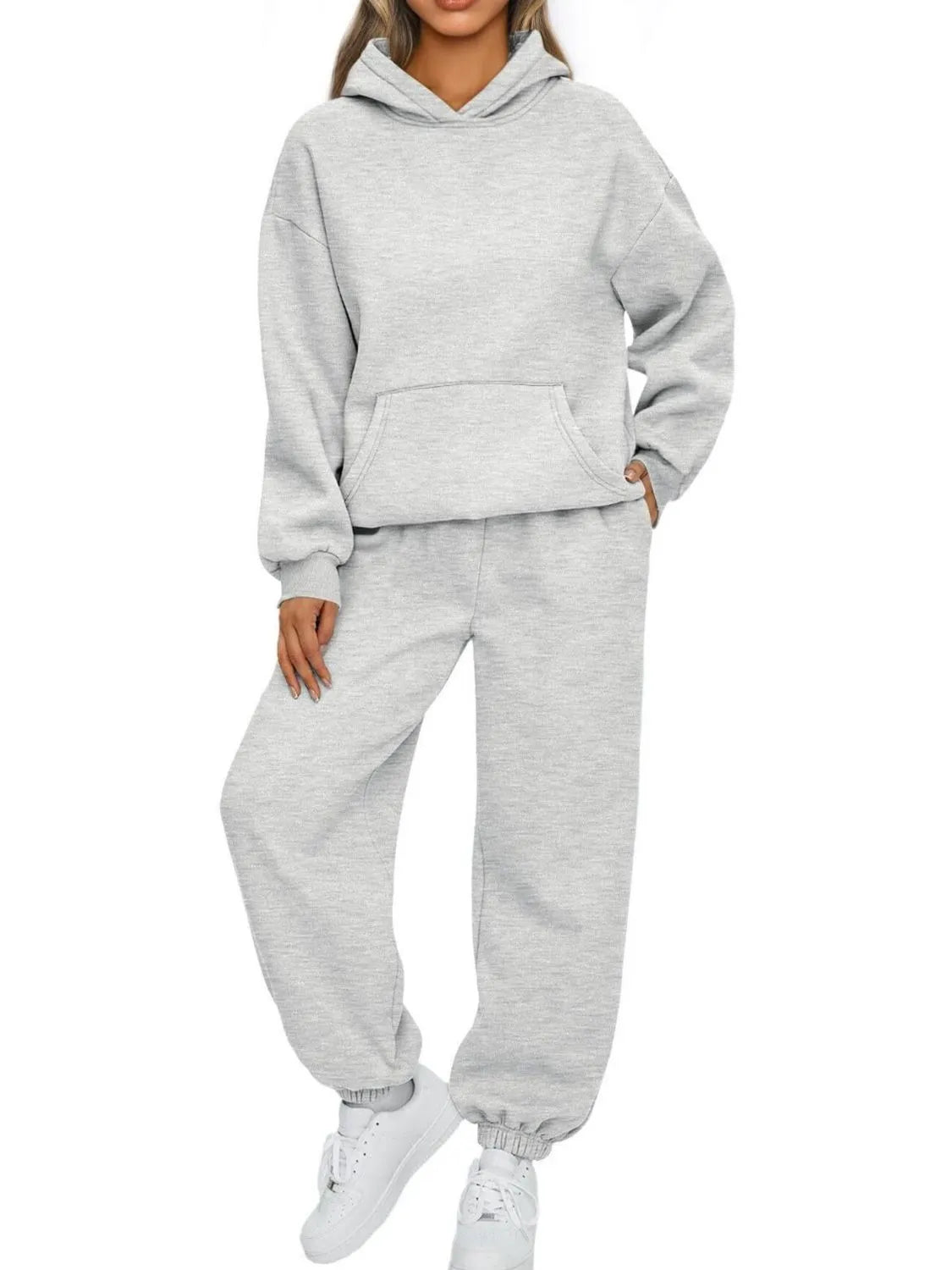 Full Size Kangaroo Pocket Hoodie and Joggers Set Plus Size - R - DRESS
