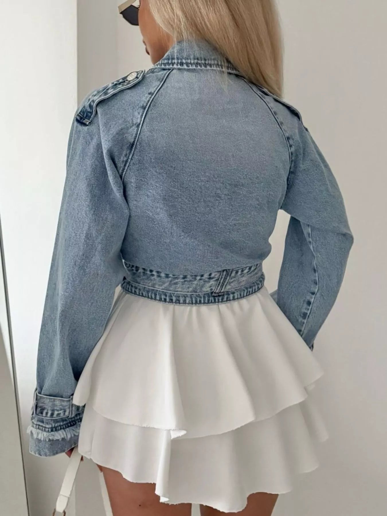 Long Sleeve Crop Denim Jacket - R - DRESS