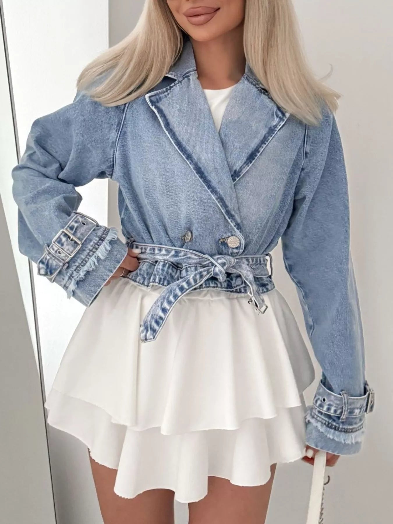 Long Sleeve Crop Denim Jacket - R - DRESS