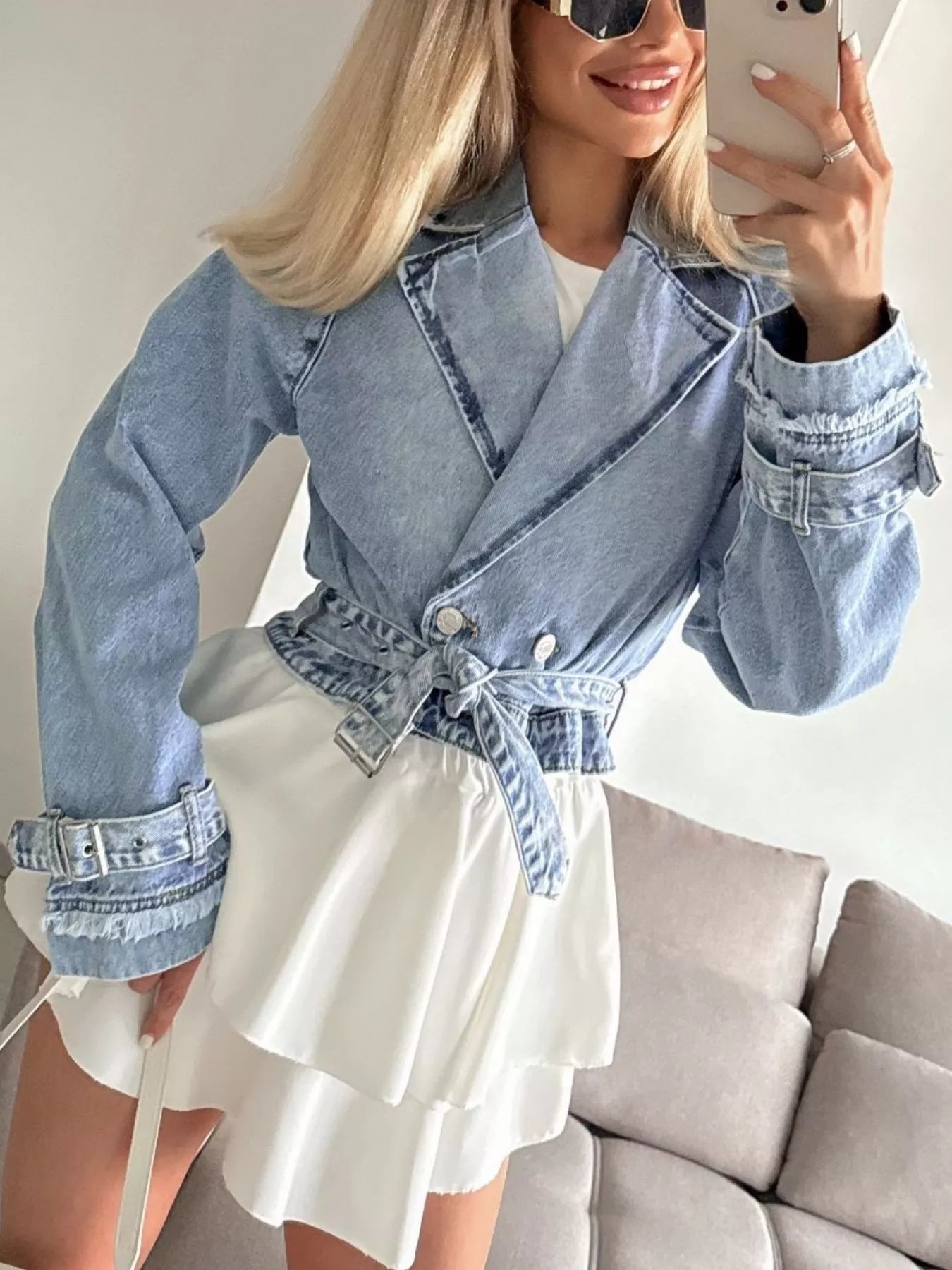 Long Sleeve Crop Denim Jacket - R - DRESS
