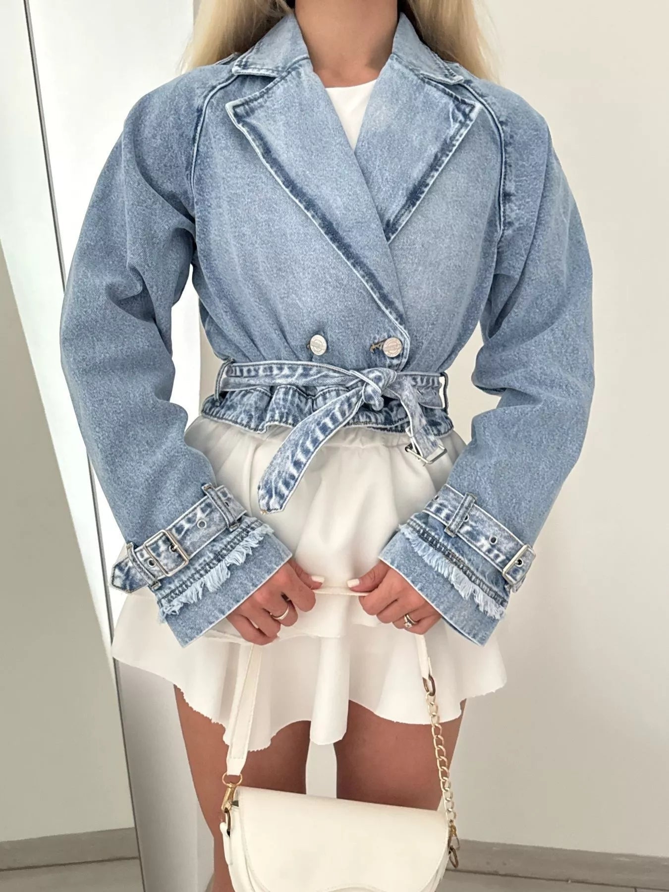 Long Sleeve Crop Denim Jacket - R - DRESS