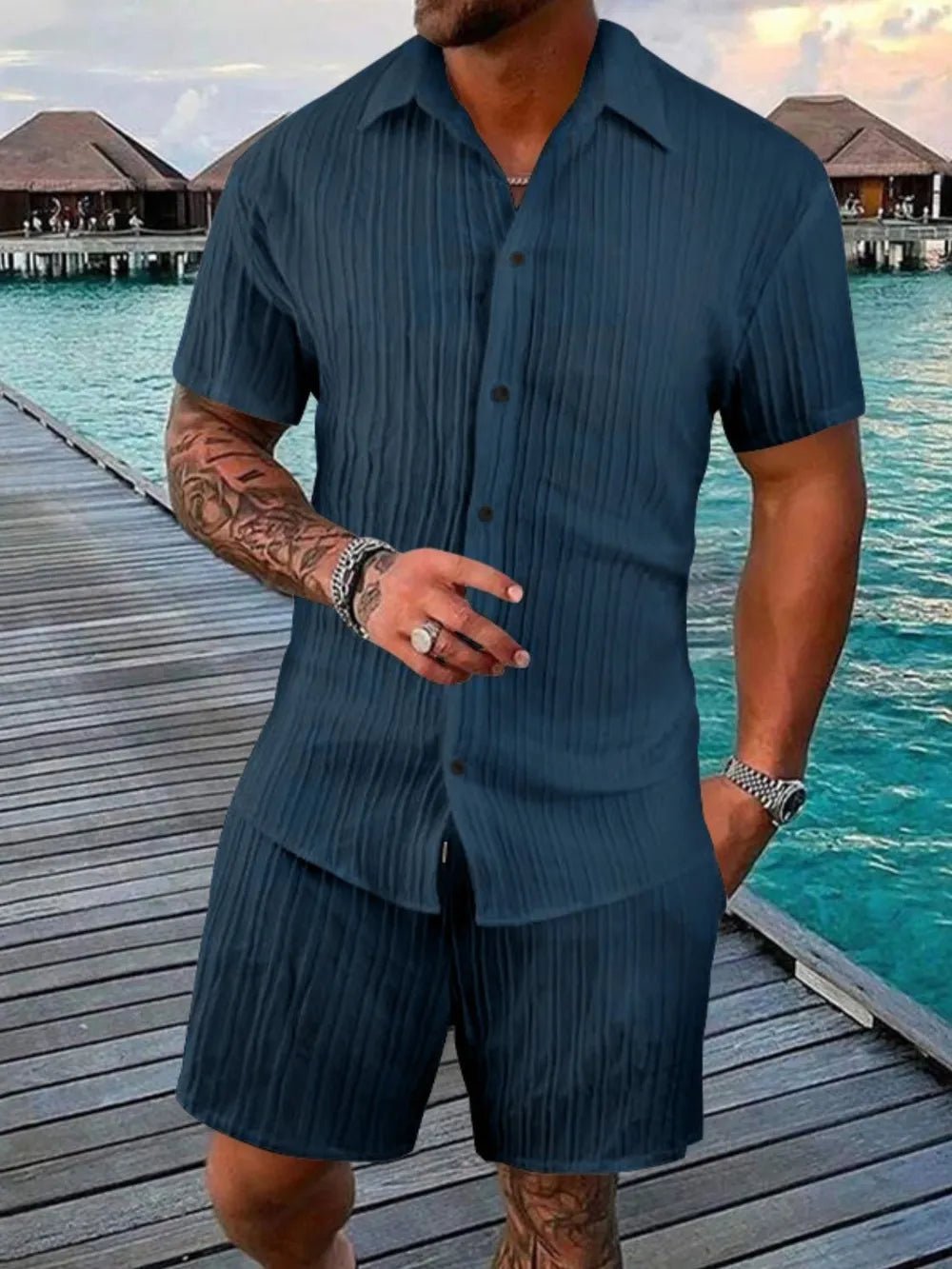 Men's Full Size Button Down Short Sleeve Shirt and Shorts Set Plus Size - R - DRESS