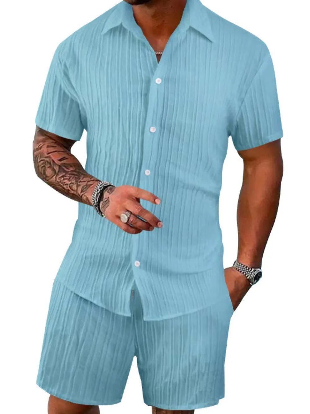 Men's Full Size Button Down Short Sleeve Shirt and Shorts Set Plus Size - R - DRESS