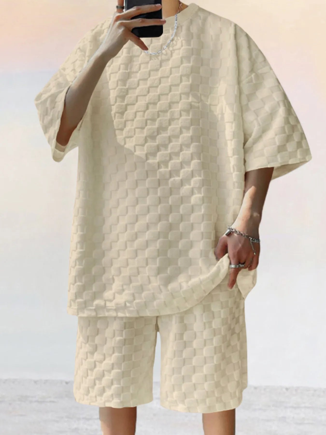 Men's Full Size Checkered Pattern Casual Top and Shorts Two - Piece Set Plus Size - R - DRESS