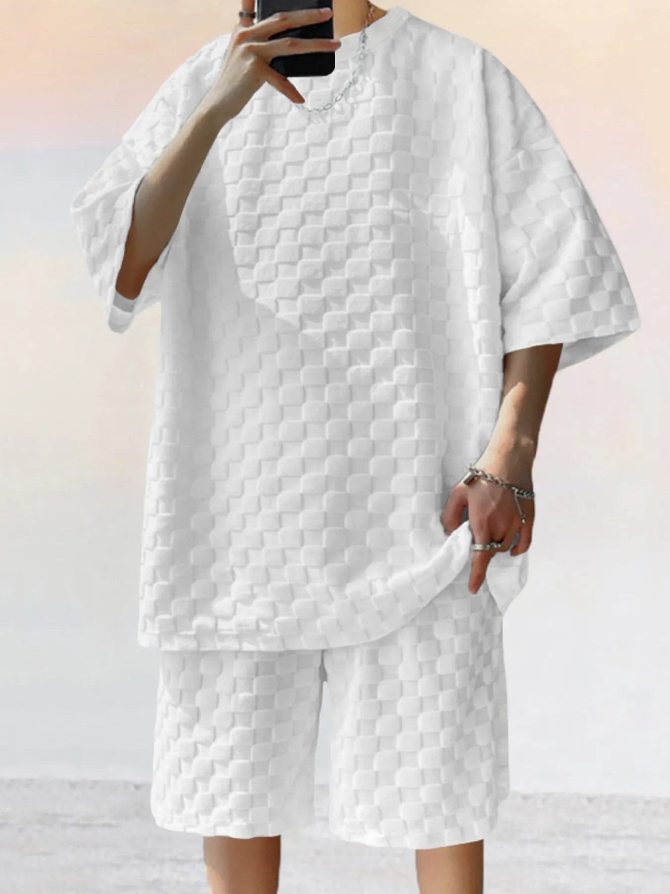 Men's Full Size Checkered Pattern Casual Top and Shorts Two - Piece Set Plus Size - R - DRESS