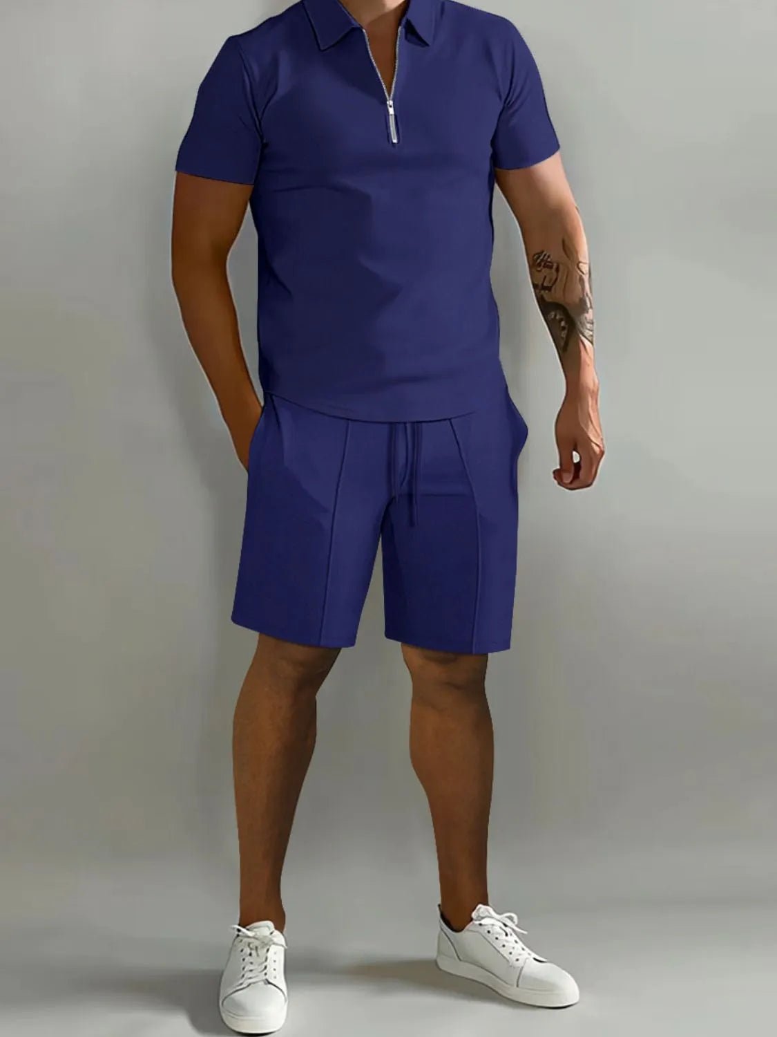 Men's Full Size Collared Neck Short Sleeve Top and Shorts Set Plus Size - R - DRESS