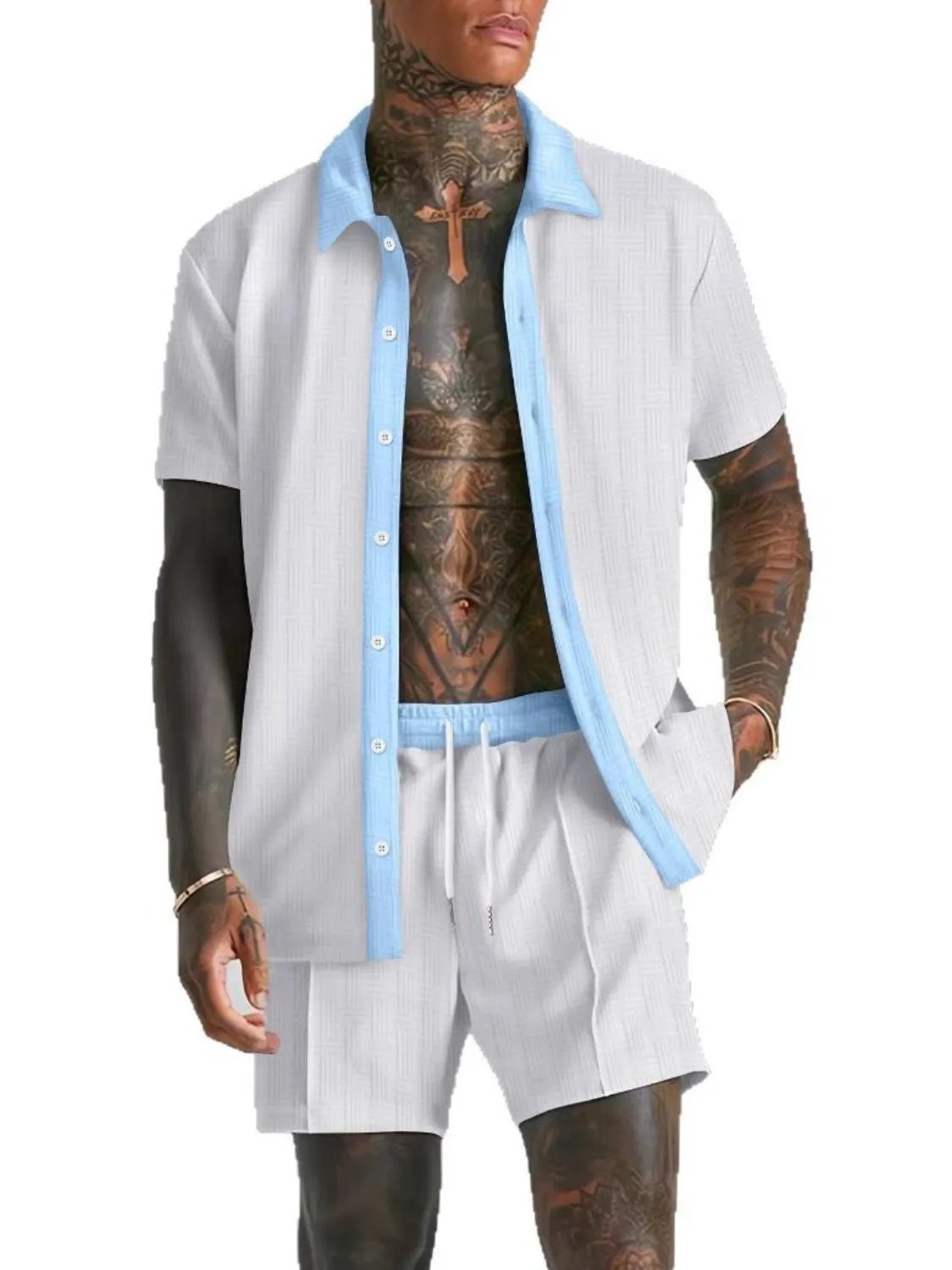 Men's Full Size Collared Neck Short Sleeve Top and Shorts Set Plus Size - R - DRESS