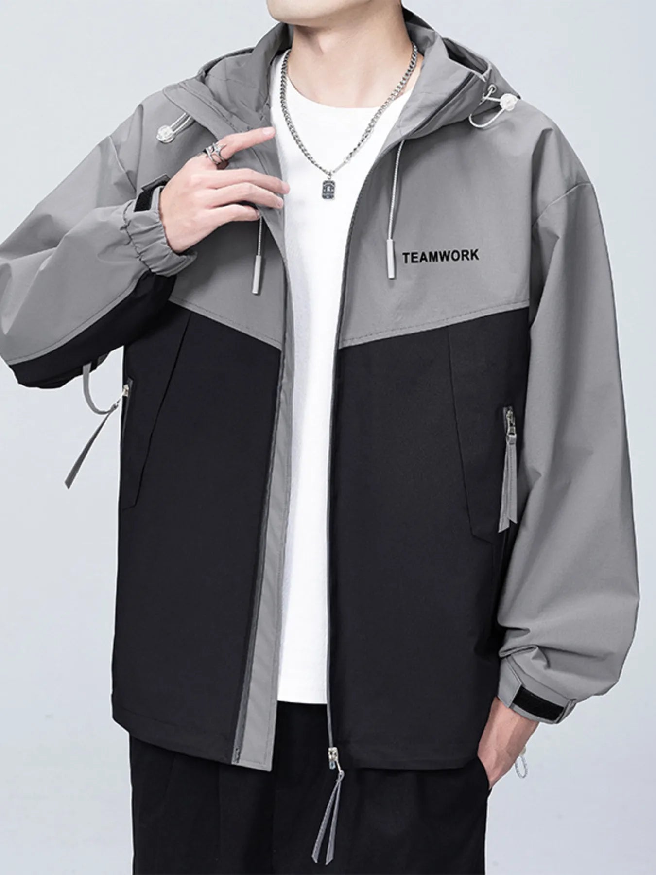 Men's Full Size Contrast Zip Up Long Sleeve Jacket Plus Size - R - DRESS