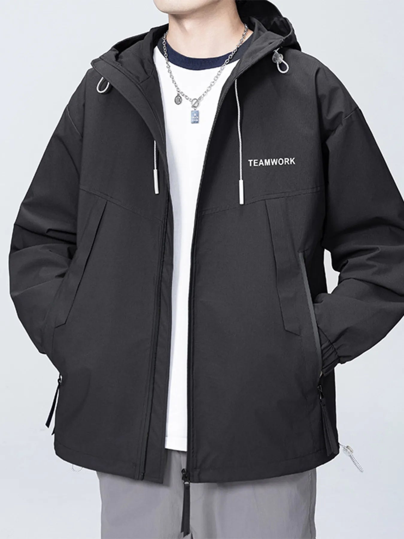 Men's Full Size Contrast Zip Up Long Sleeve Jacket Plus Size - R - DRESS