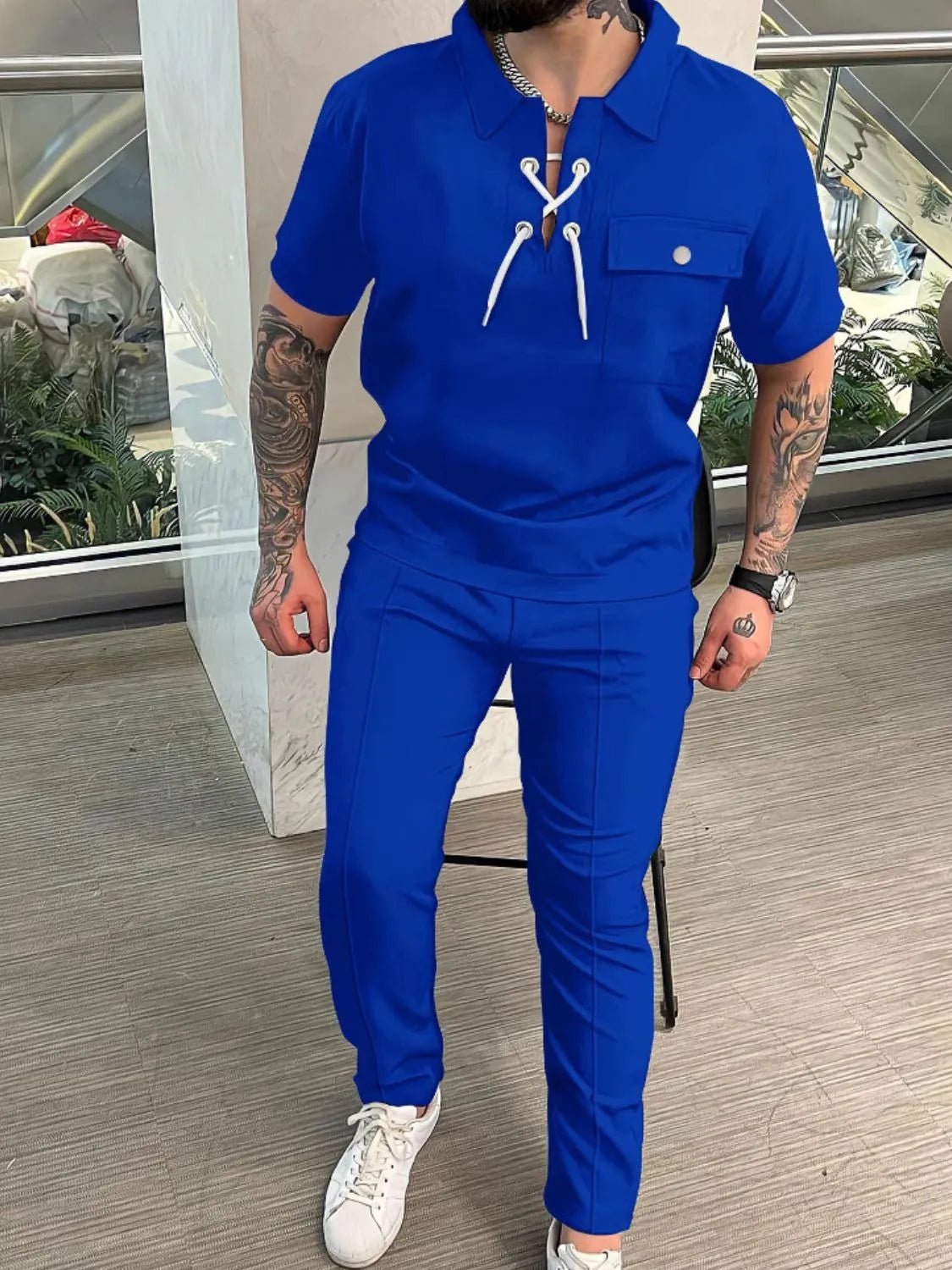 Men's Full Size Lace Up Short Sleeve Top and Pants Plus Size - R - DRESS