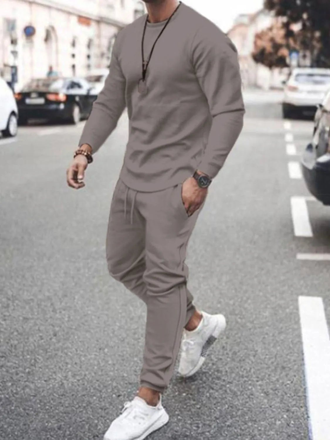 Men's Full Size Round Neck Long Sleeve Top and Pants Set Plus Size - R - DRESS