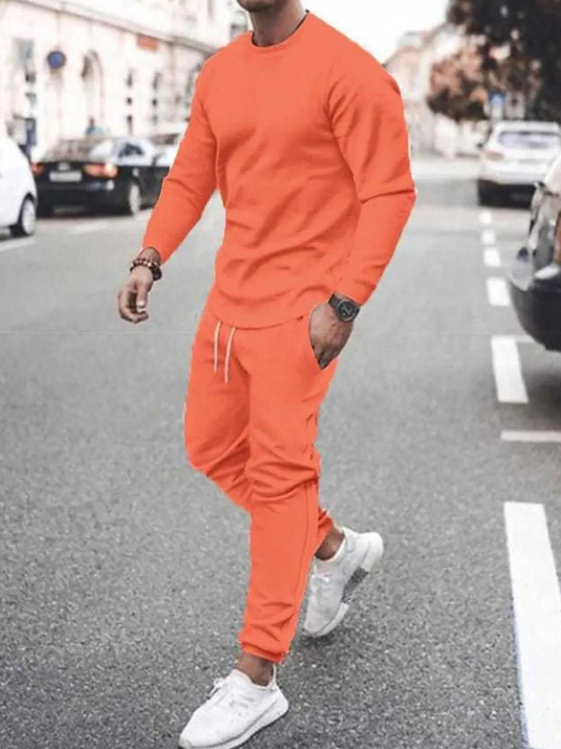 Men's Full Size Round Neck Long Sleeve Top and Pants Set Plus Size - R - DRESS