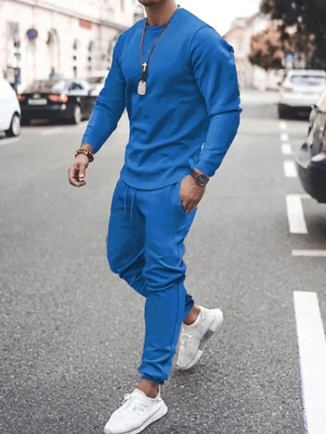 Men's Full Size Round Neck Long Sleeve Top and Pants Set Plus Size - R - DRESS