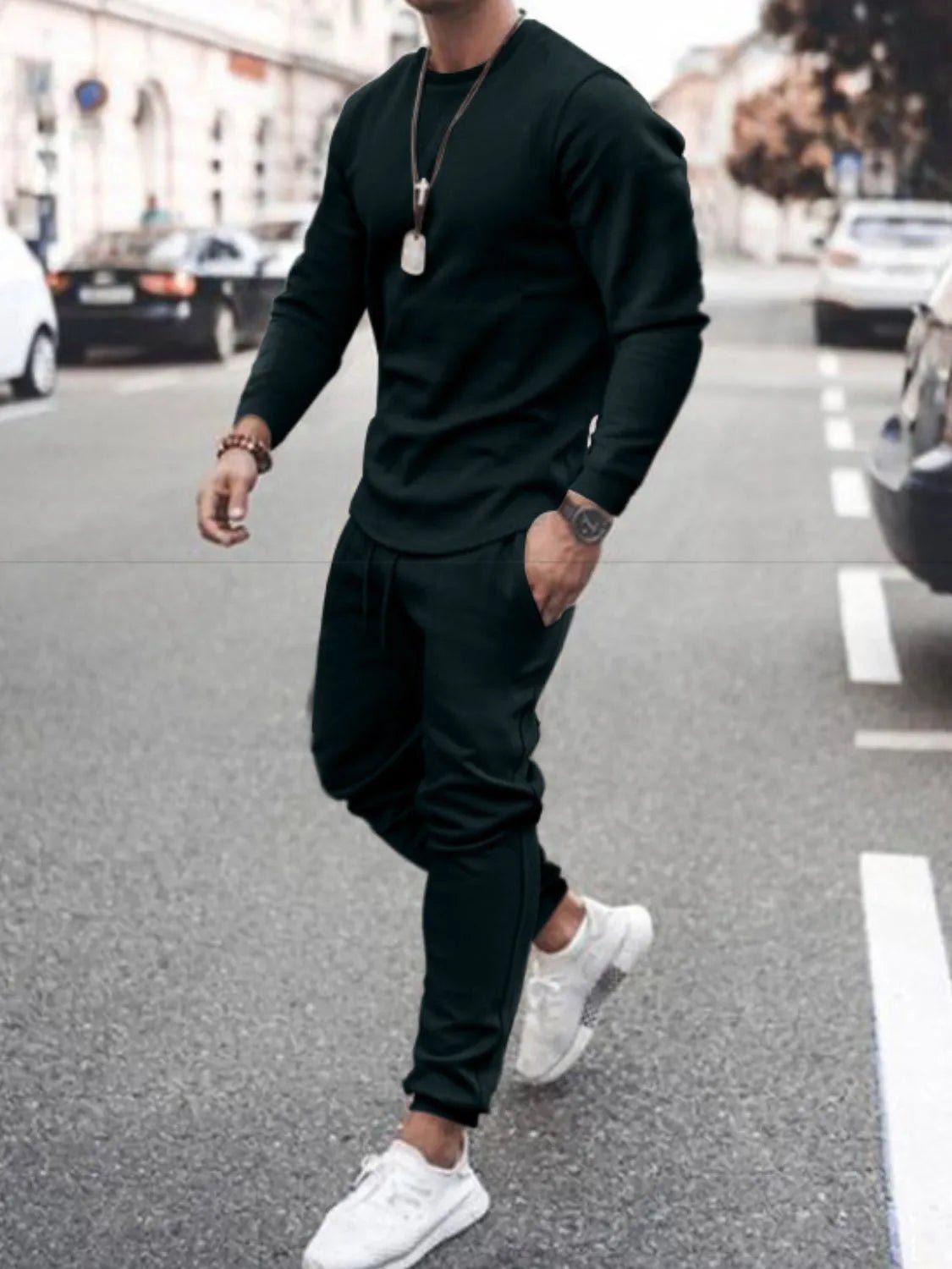 Men's Full Size Round Neck Long Sleeve Top and Pants Set Plus Size - R - DRESS