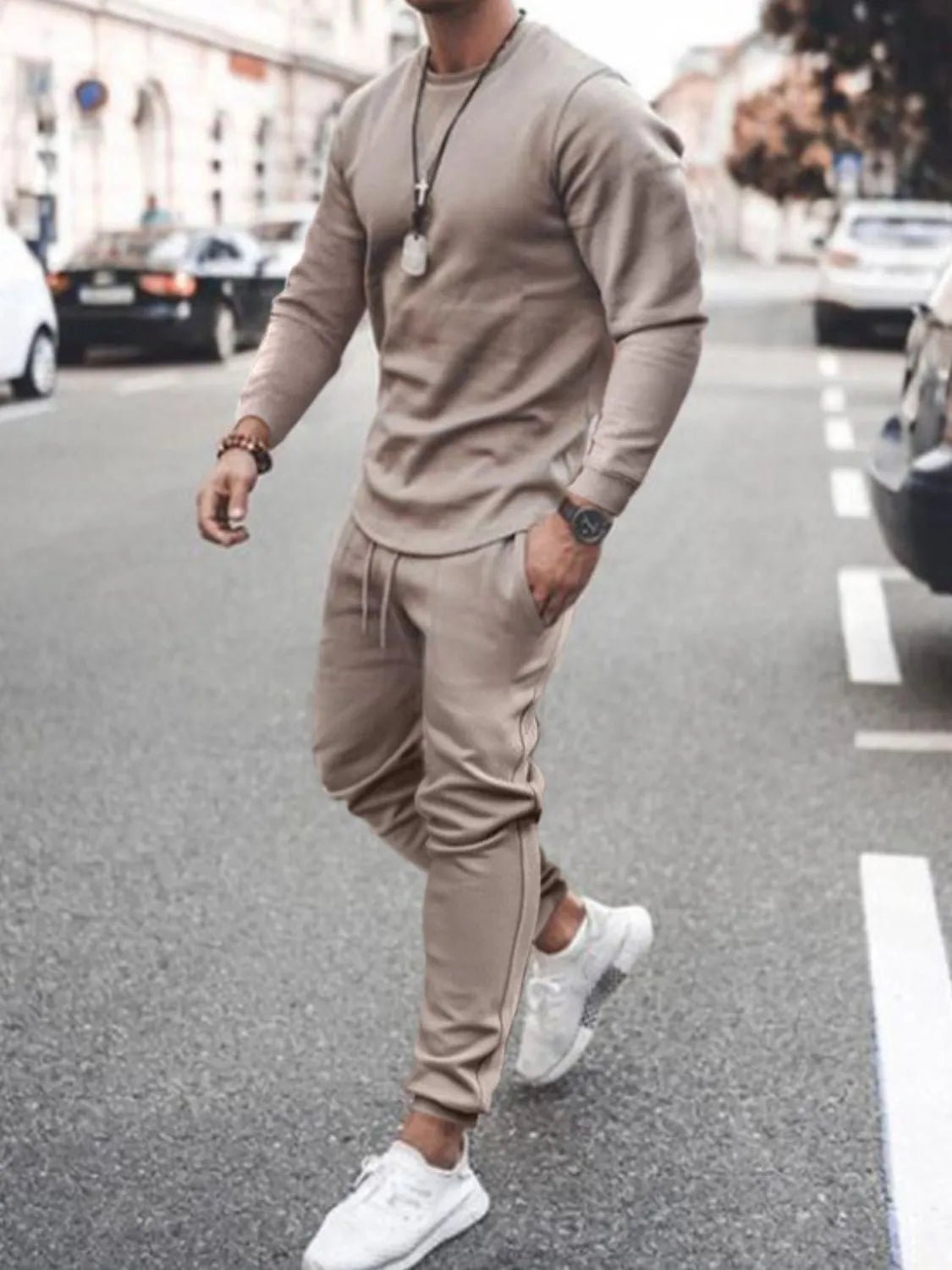 Men's Full Size Round Neck Long Sleeve Top and Pants Set Plus Size - R - DRESS