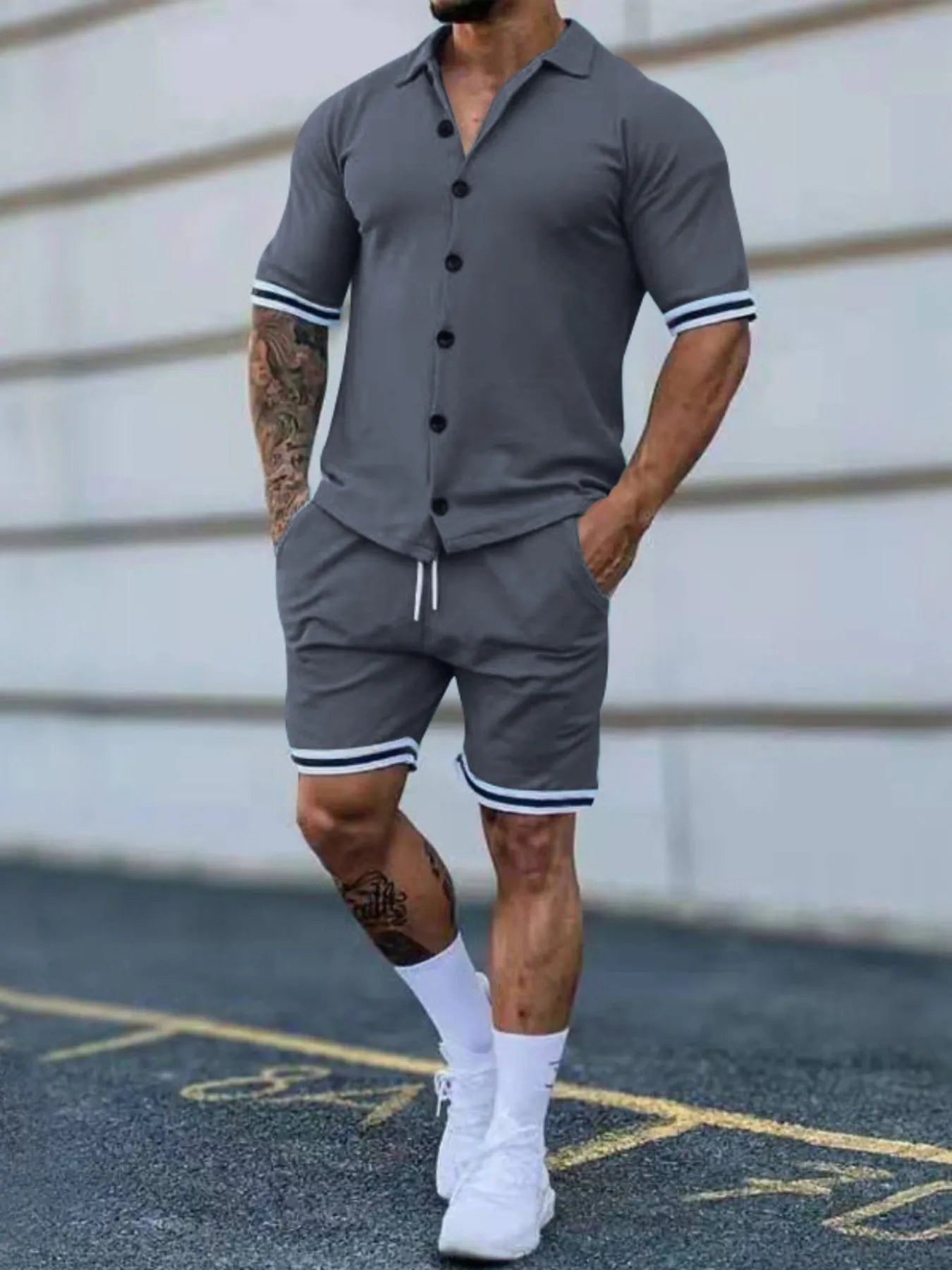 Men's Full Size Striped Hem Button Up Top and Shorts Set Plus Size - R - DRESS
