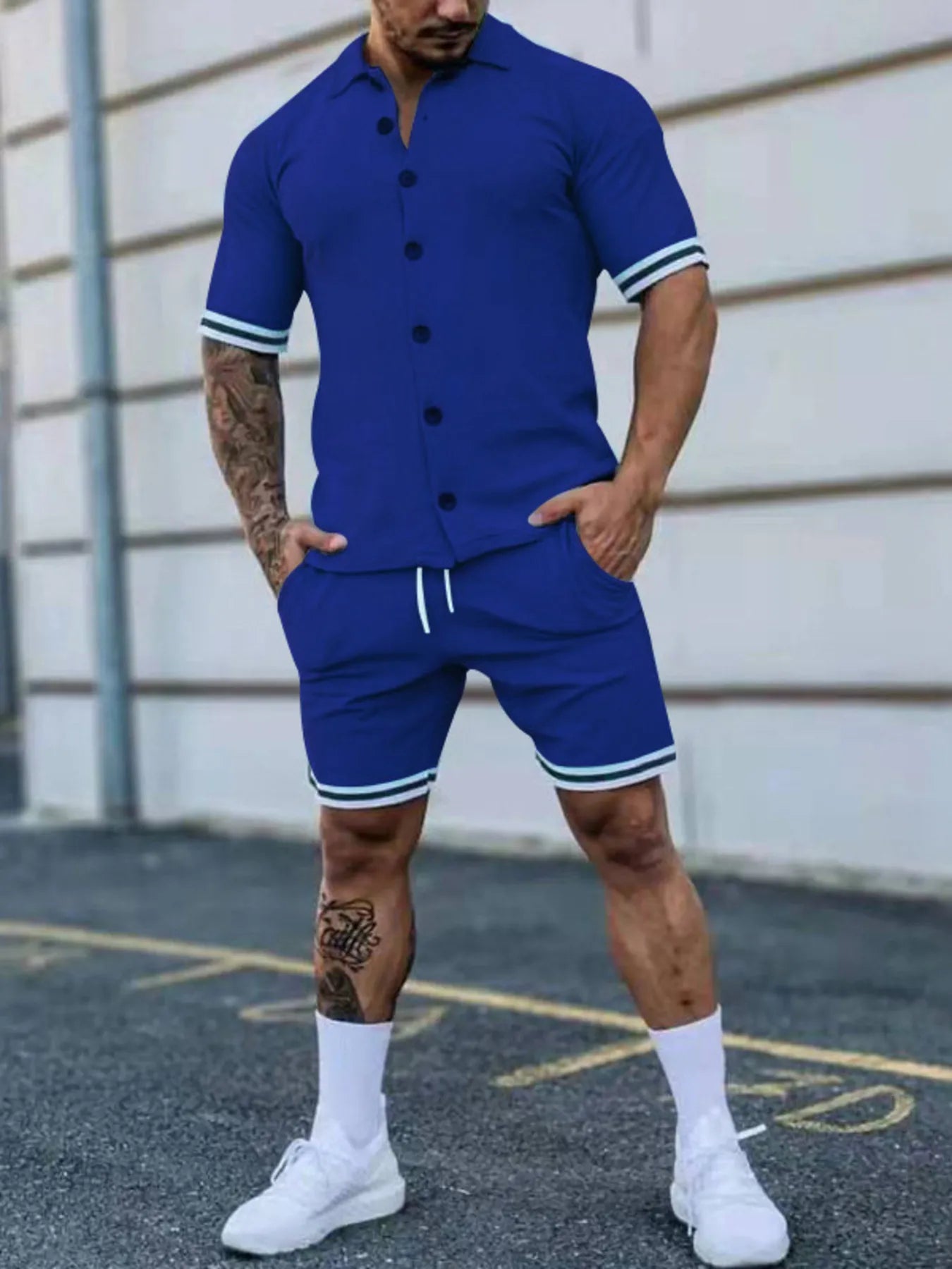 Men's Full Size Striped Hem Button Up Top and Shorts Set Plus Size - R - DRESS