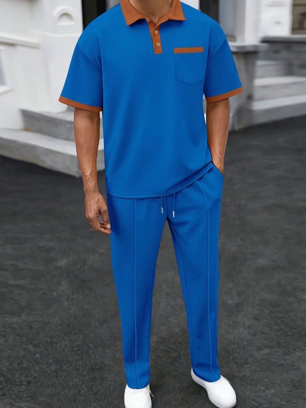 Men's Full Size Waffle - Knit Contrast Polo and Pants Set Plus Size - R - DRESS