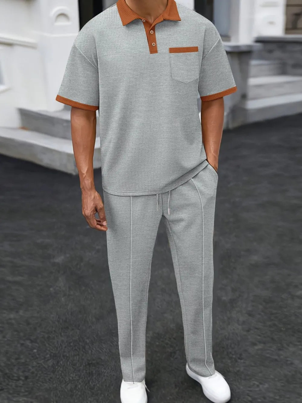 Men's Full Size Waffle - Knit Contrast Polo and Pants Set Plus Size - R - DRESS