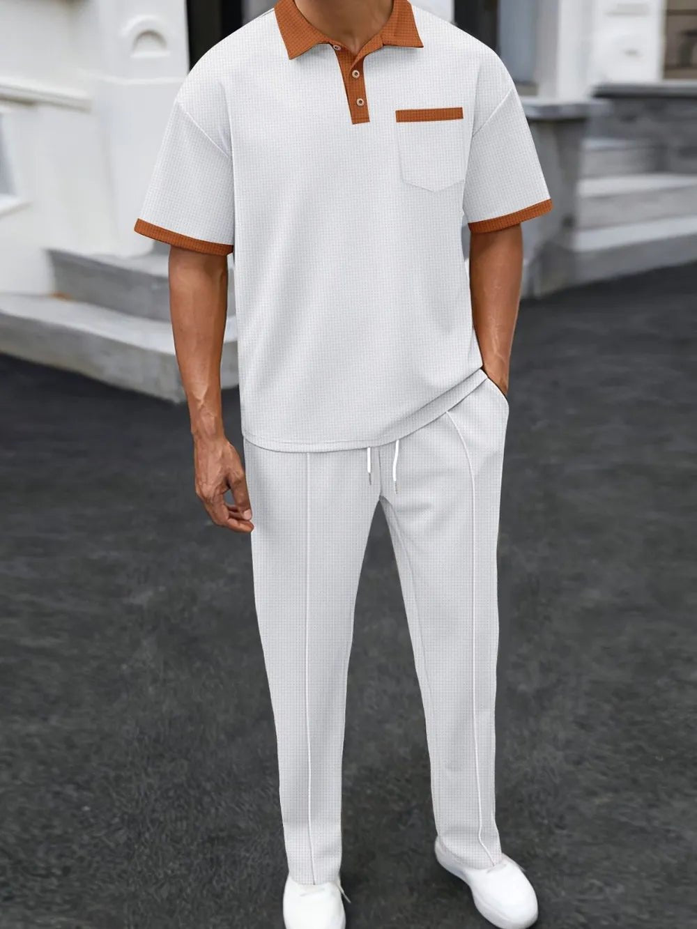 Men's Full Size Waffle - Knit Contrast Polo and Pants Set Plus Size - R - DRESS