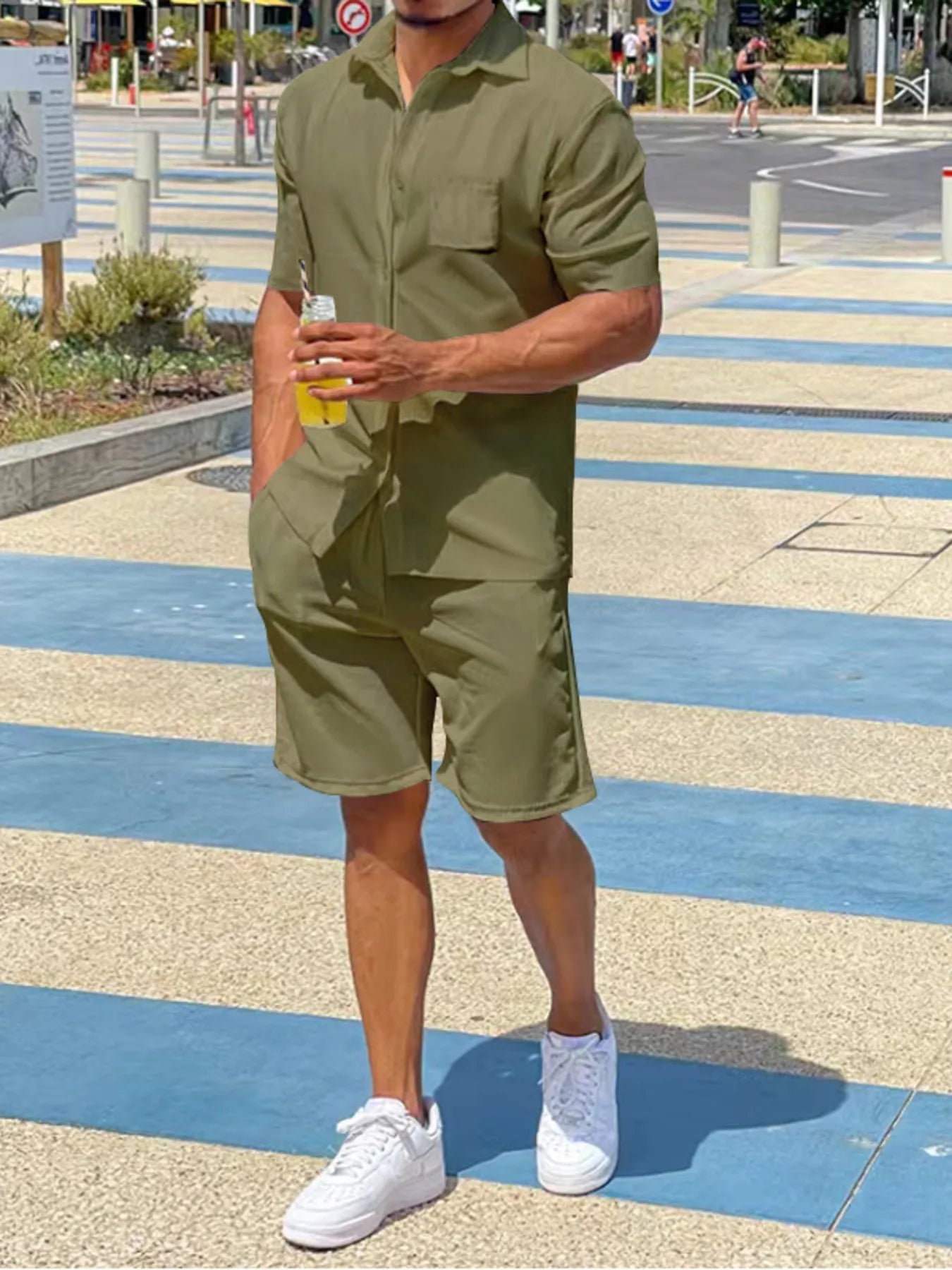 Men's Plus Size Button Up Shirt and Shorts Set - R - DRESS