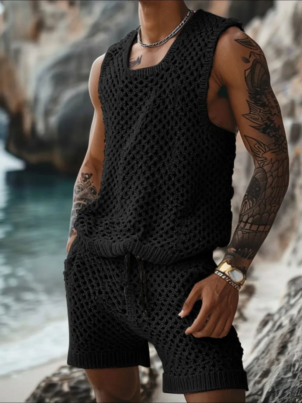 Men's Plus Size Hollow Out Round Neck Tank and Shorts Set - R - DRESS