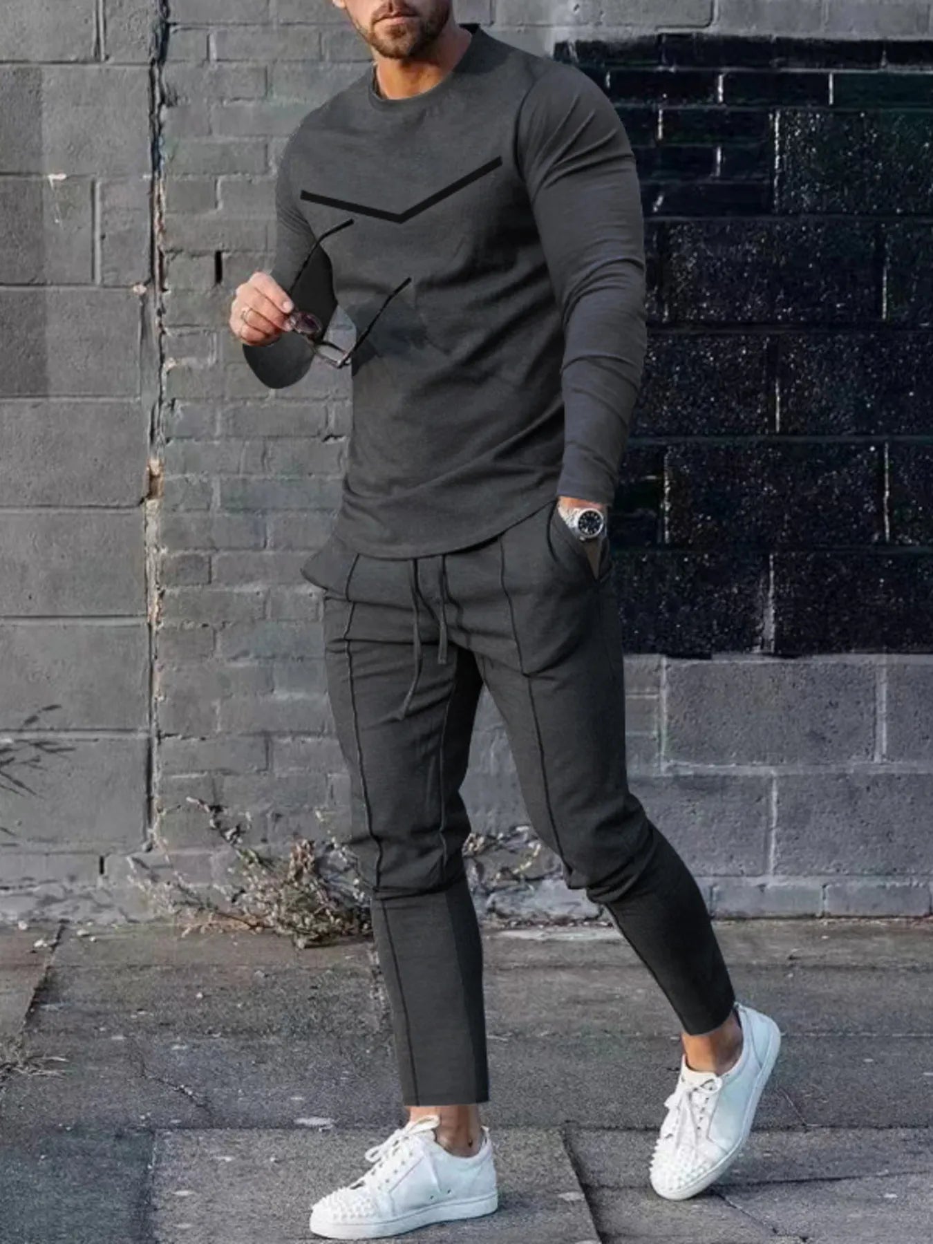 Men's Plus Size Round Neck Long Sleeve Top and Pants Set - R - DRESS
