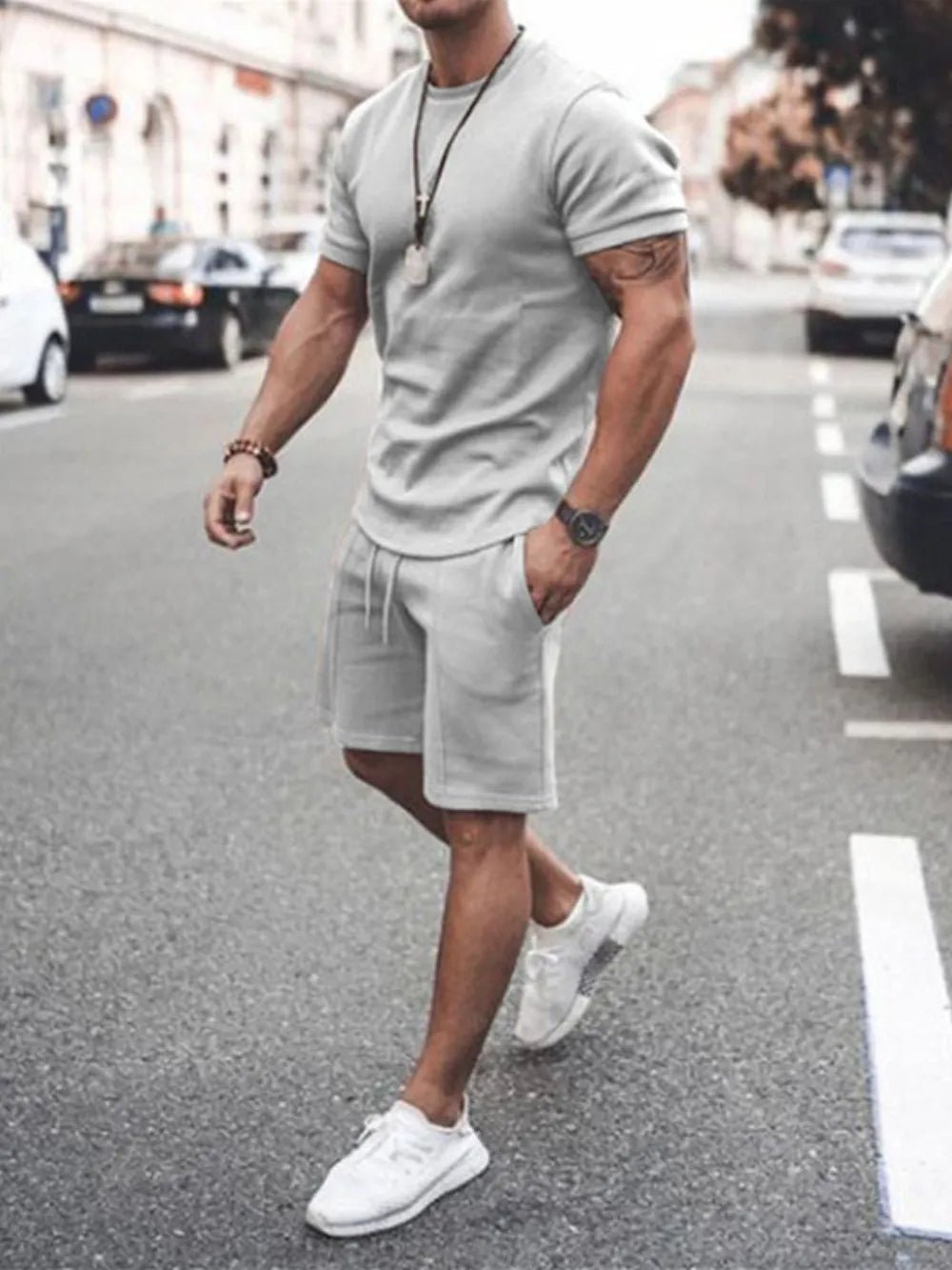 Men's Plus Size Round Neck Short Sleeve Top and Shorts Set - R - DRESS