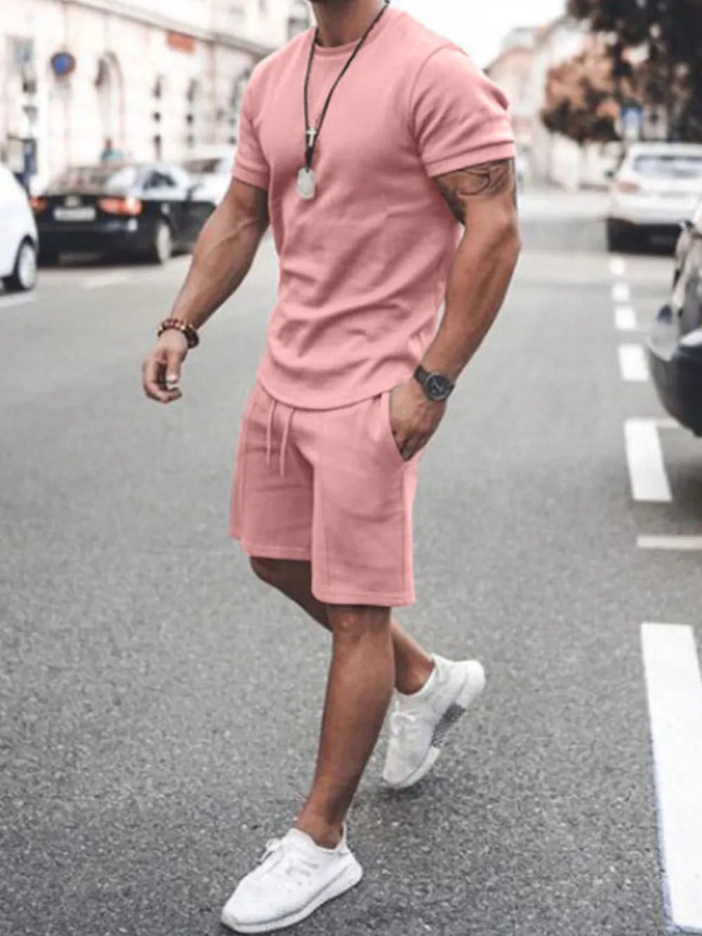 Men's Plus Size Round Neck Short Sleeve Top and Shorts Set - R - DRESS