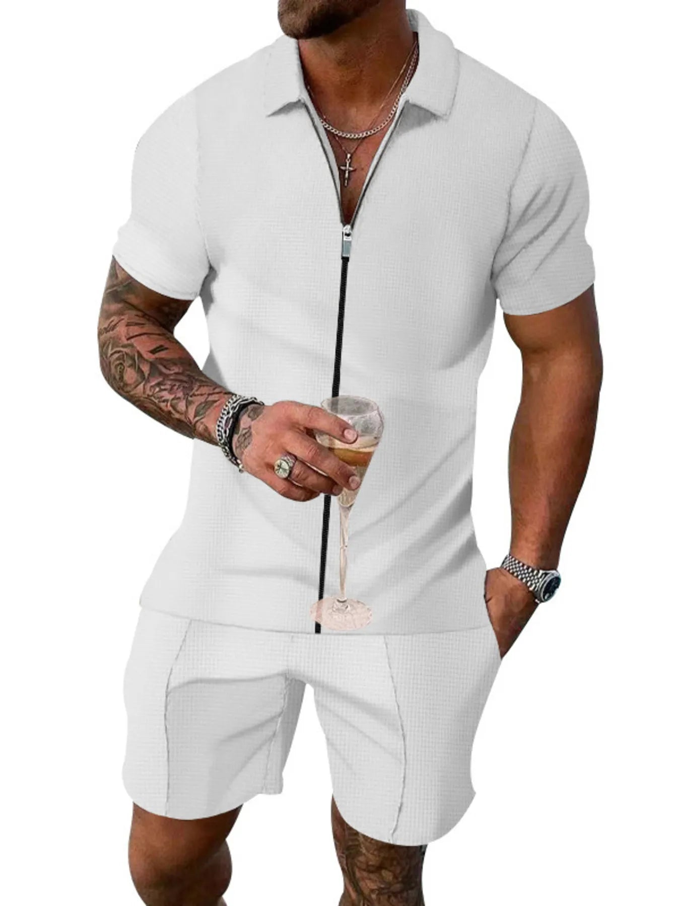 Men's Plus Size Zip Up Short Sleeve Top and Shorts Set - R - DRESS