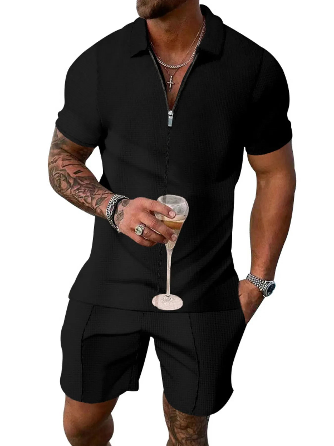 Men's Plus Size Zip Up Short Sleeve Top and Shorts Set - R - DRESS