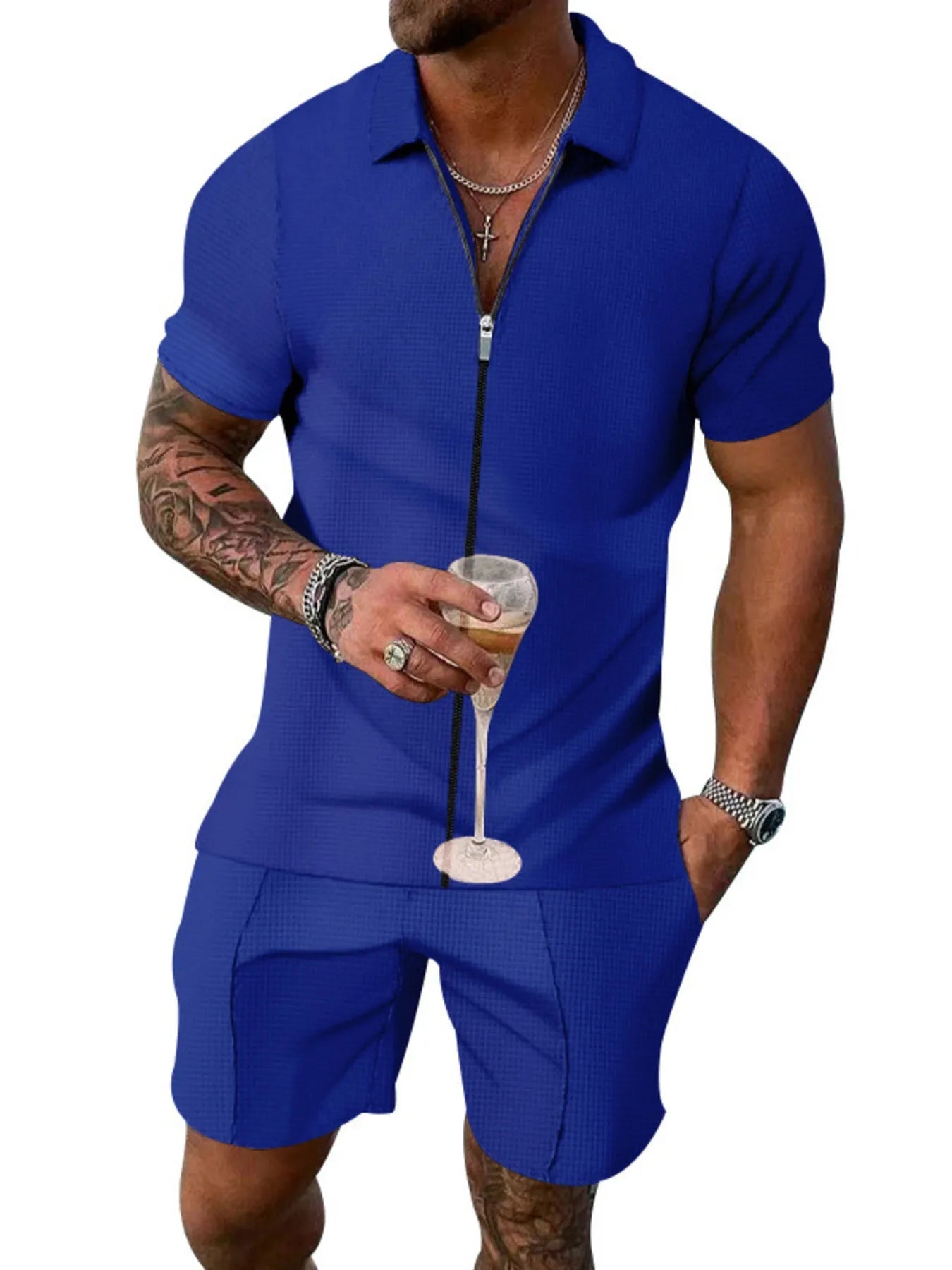 Men's Plus Size Zip Up Short Sleeve Top and Shorts Set - R - DRESS
