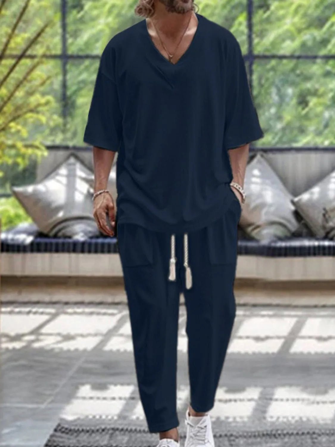 Men's V - Neck Half Sleeve Top and Pants Set - R - DRESS