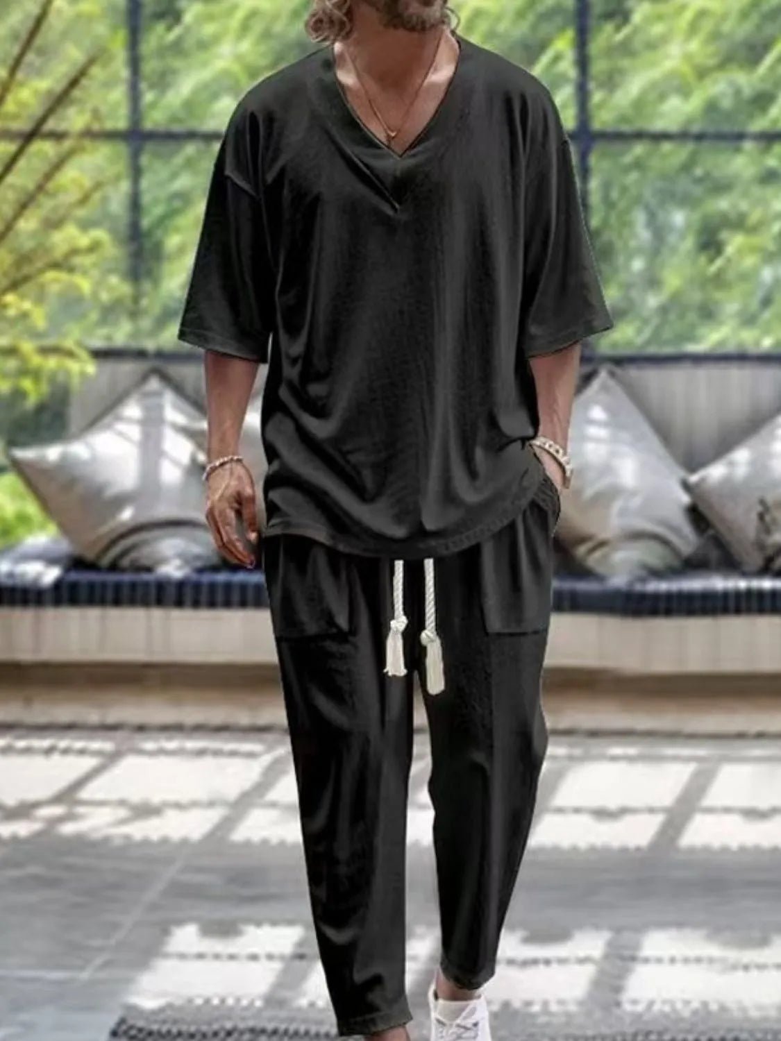 Men's V - Neck Half Sleeve Top and Pants Set - R - DRESS