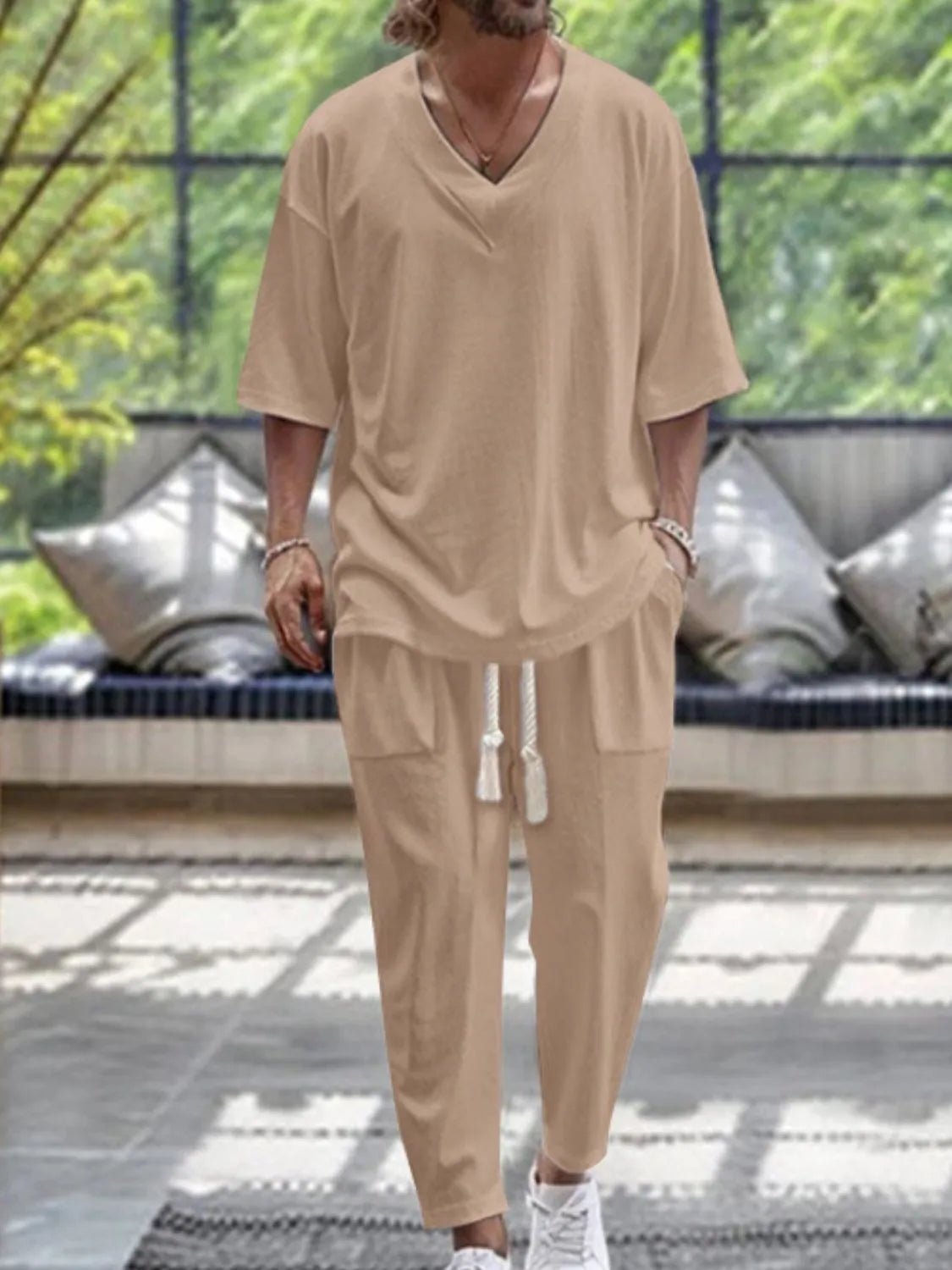 Men's V - Neck Half Sleeve Top and Pants Set - R - DRESS