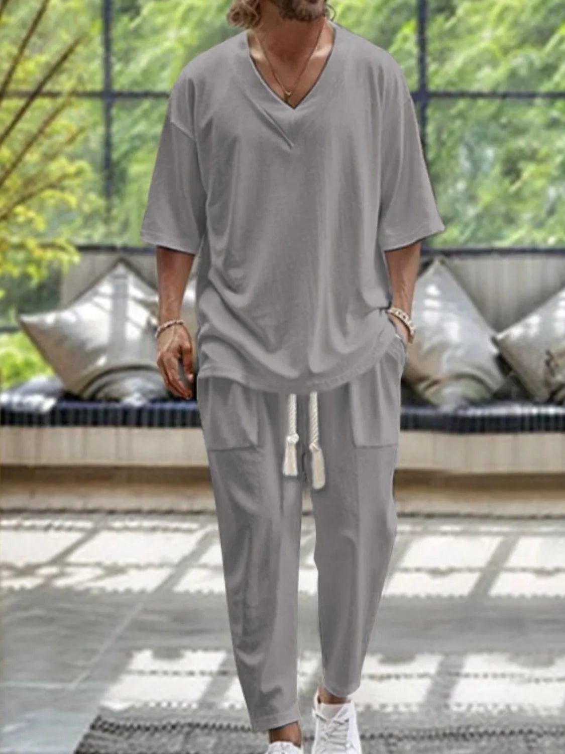 Men's V - Neck Half Sleeve Top and Pants Set - R - DRESS