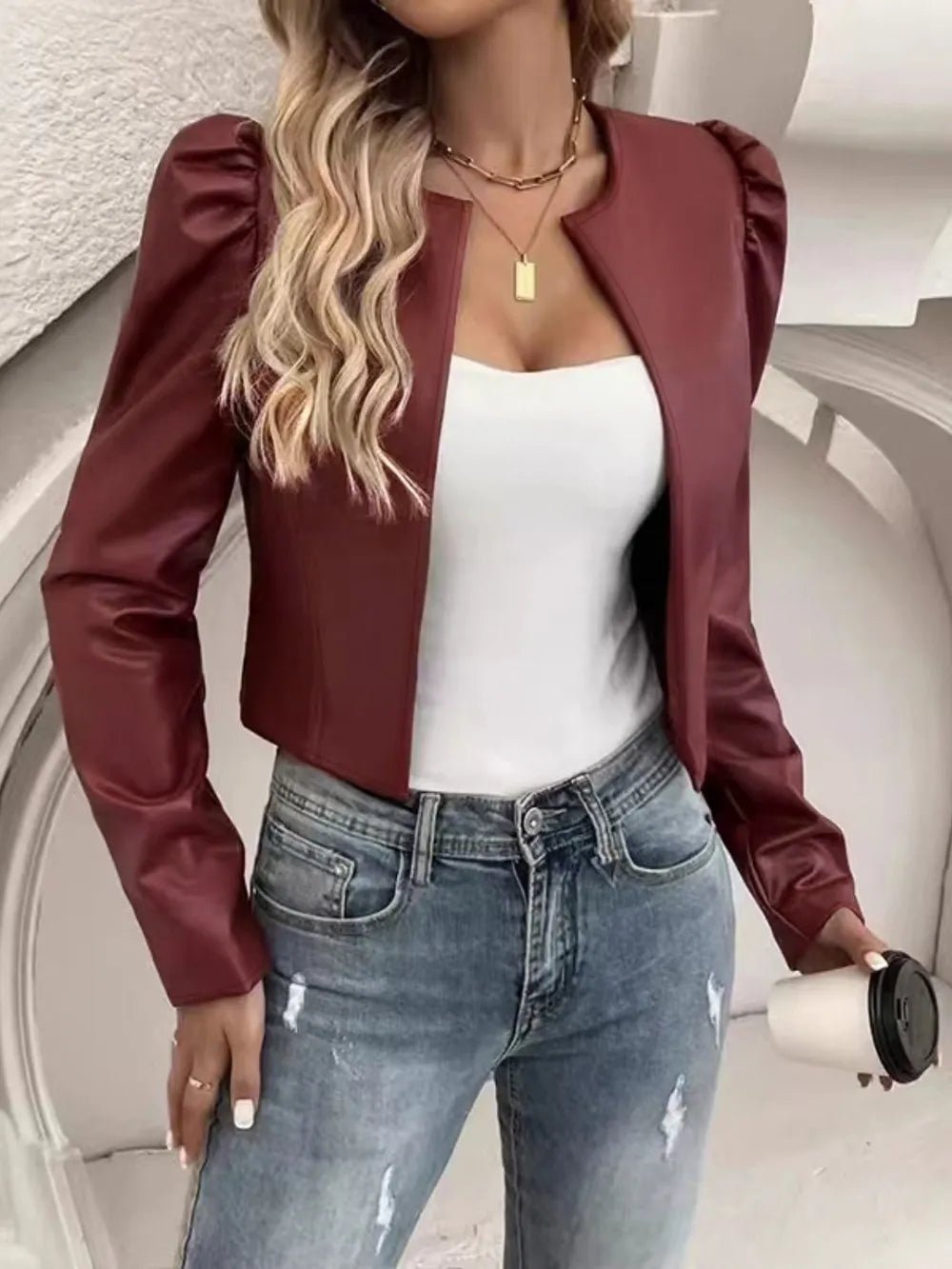 PU Leather Open Front Puff Sleeve Jacket - R - DRESS