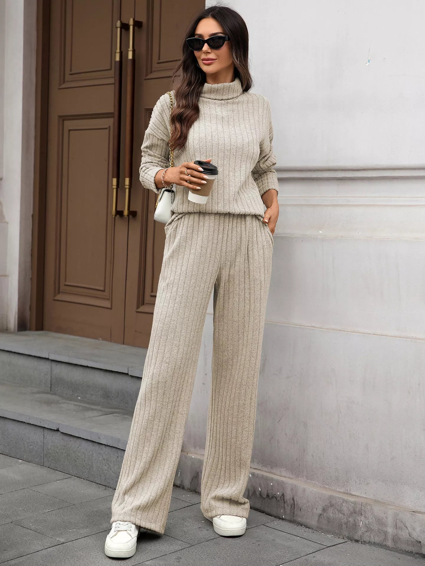 Ribbed Turtleneck Dropped Shoulder Top and Pants Sweater Set - R - DRESS