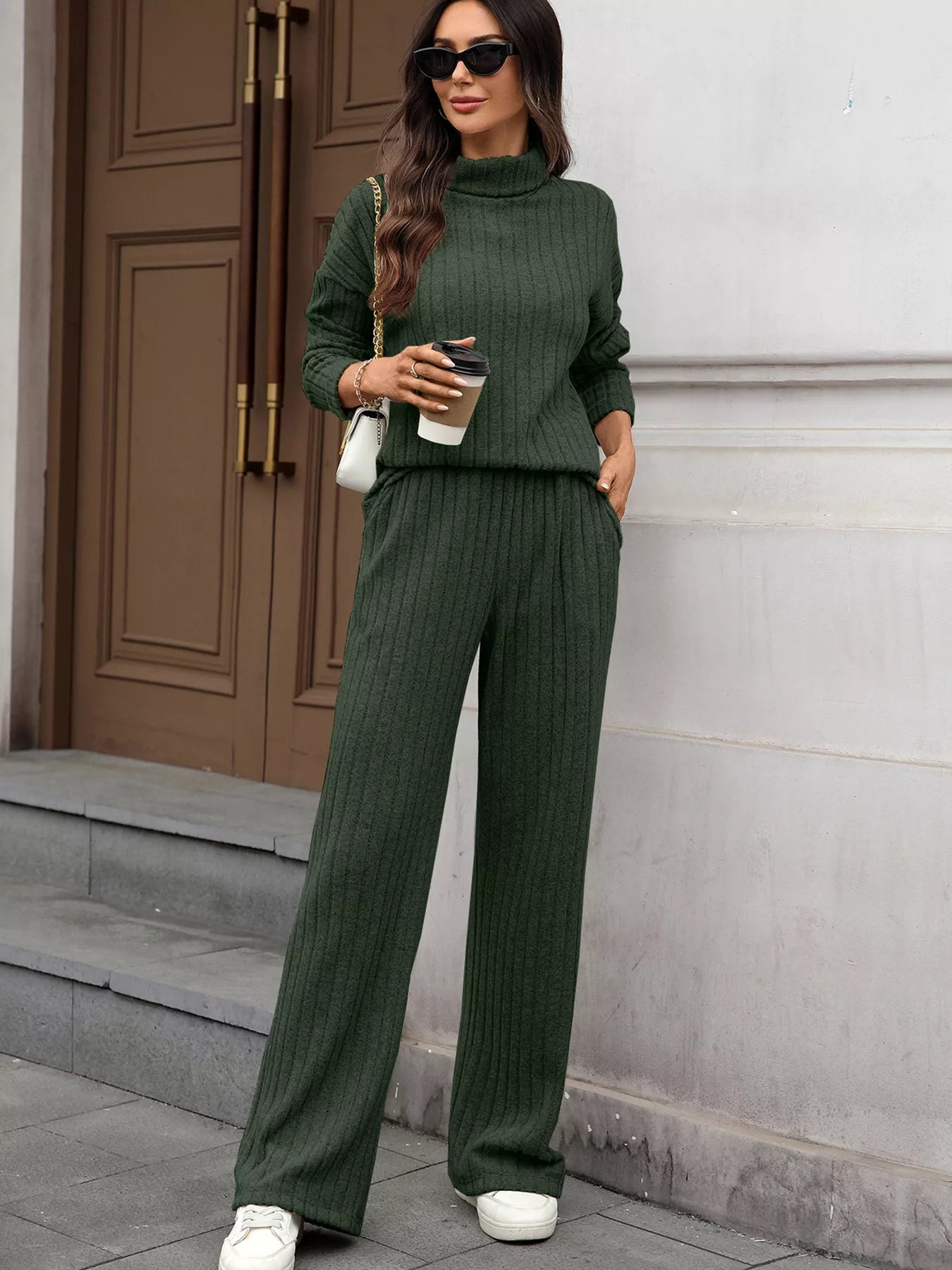 Ribbed Turtleneck Dropped Shoulder Top and Pants Sweater Set - R - DRESS