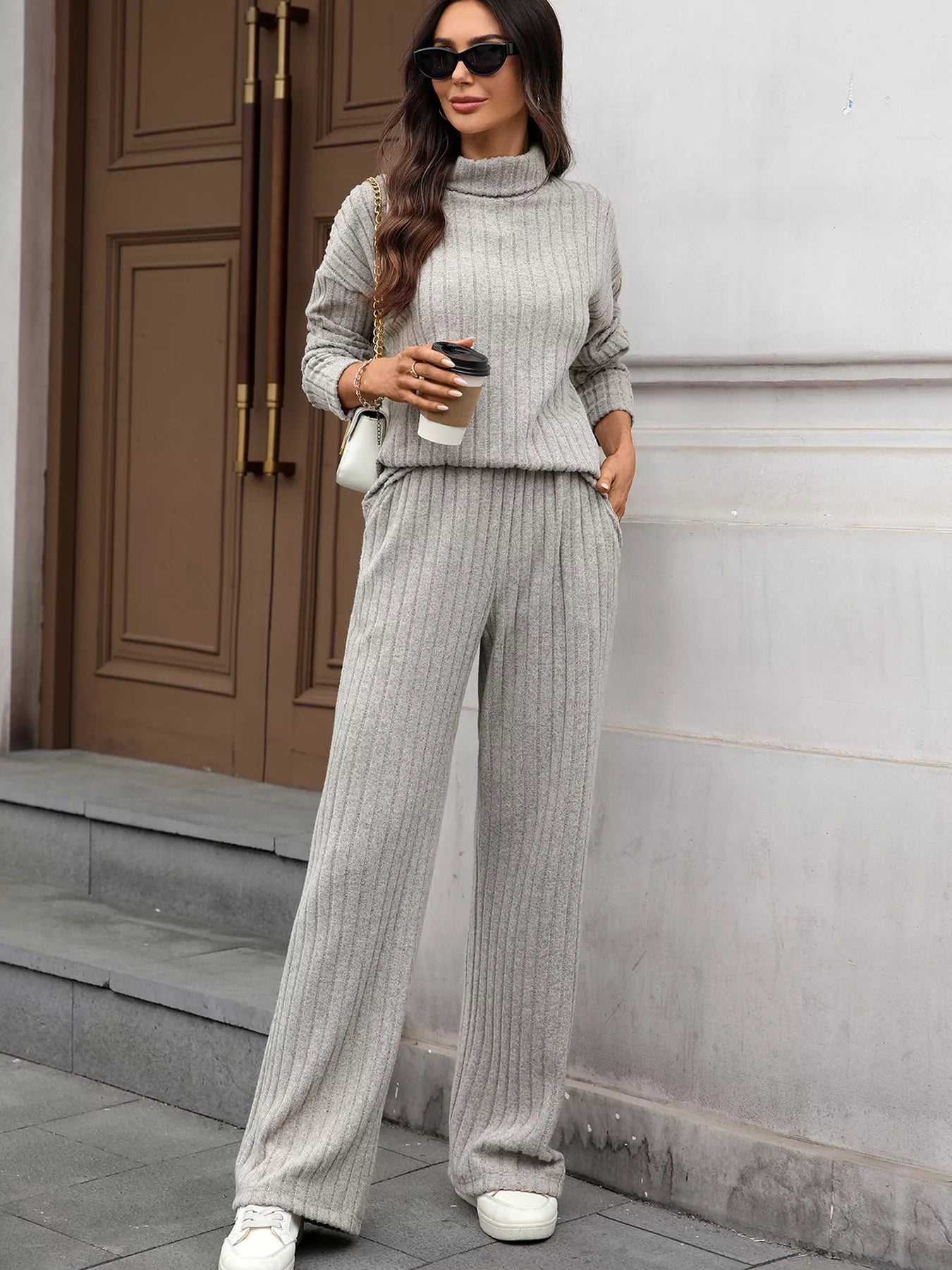 Ribbed Turtleneck Dropped Shoulder Top and Pants Sweater Set - R - DRESS