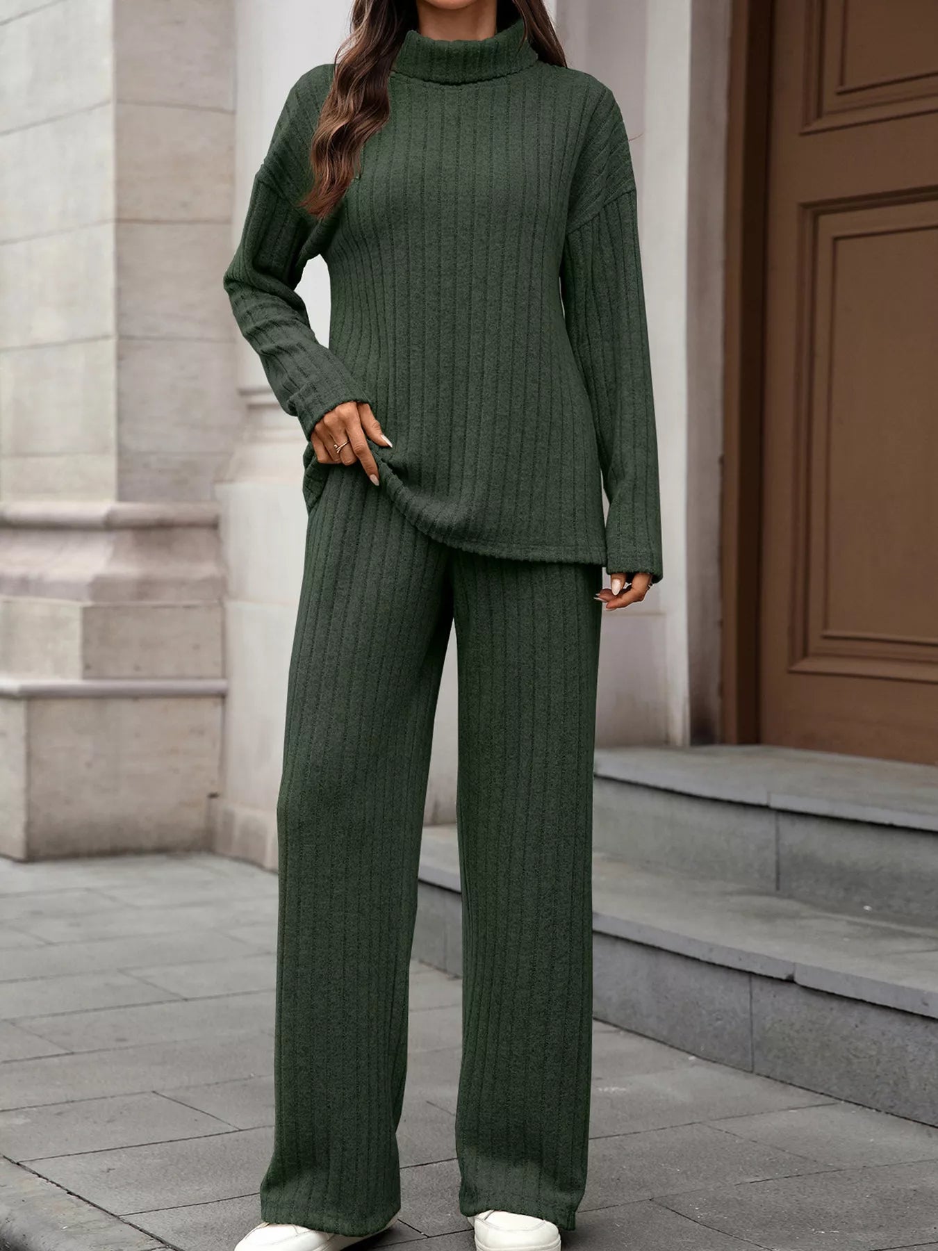 Ribbed Turtleneck Dropped Shoulder Top and Pants Sweater Set - R - DRESS