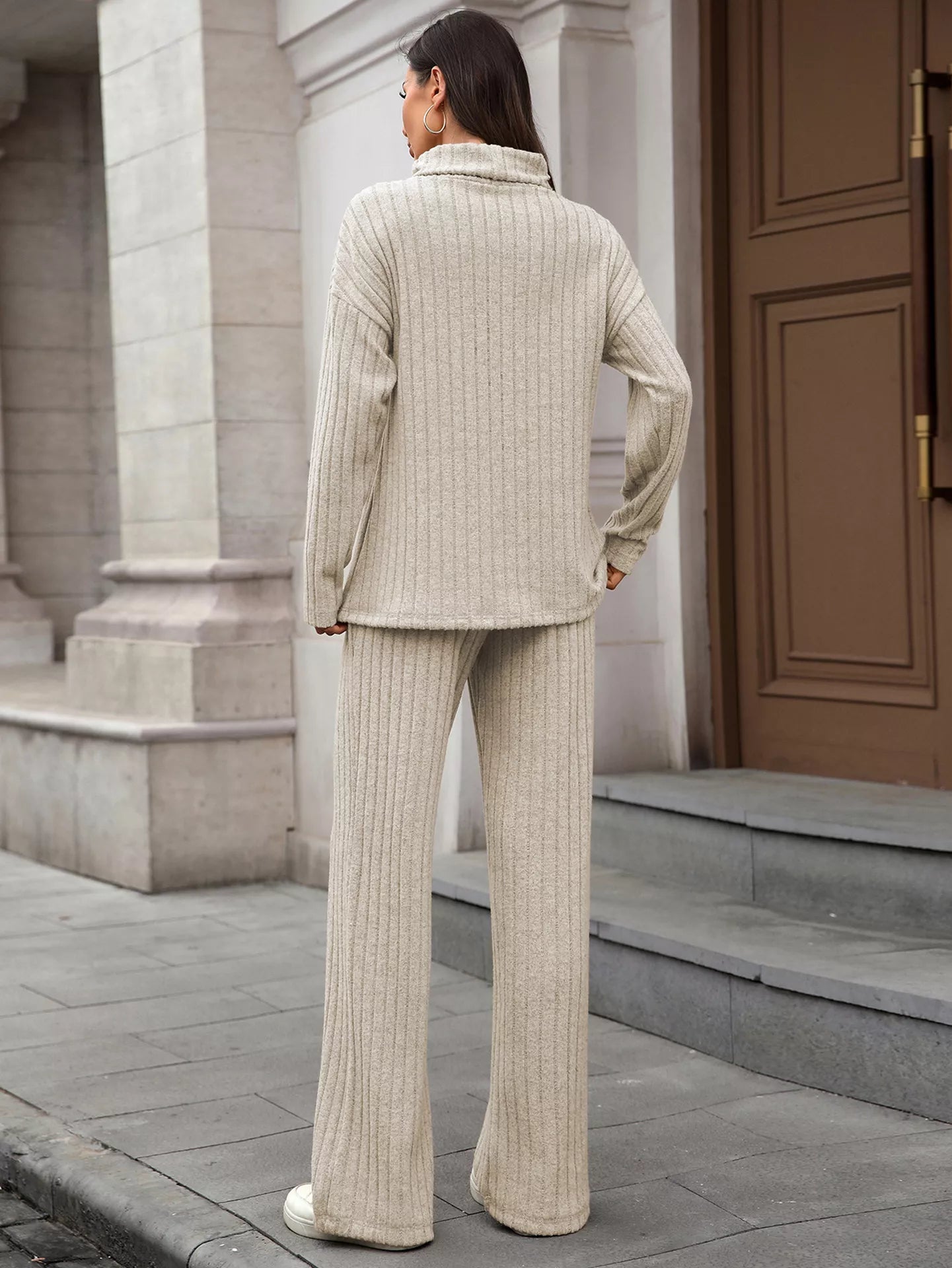 Ribbed Turtleneck Dropped Shoulder Top and Pants Sweater Set - R - DRESS