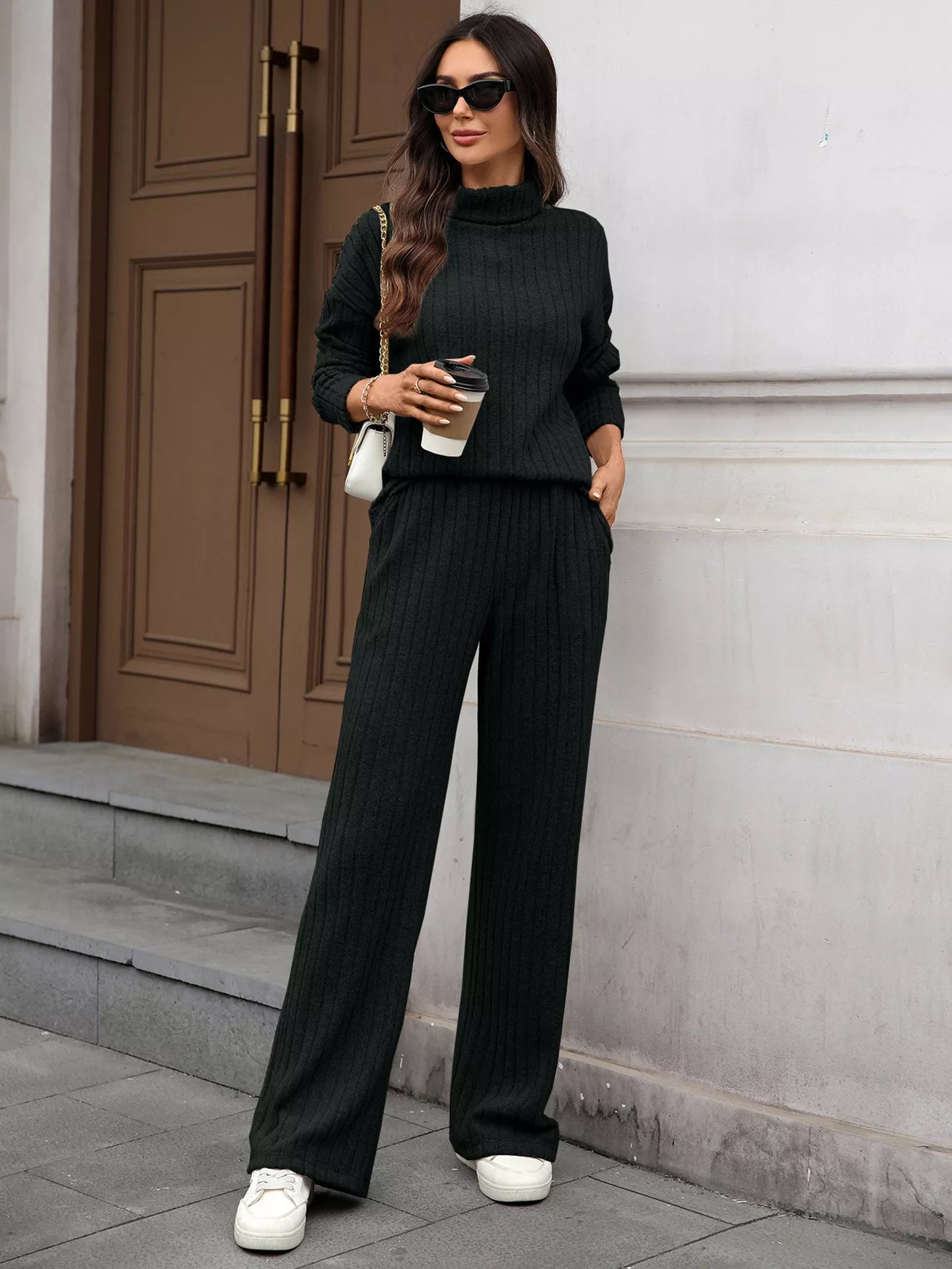 Ribbed Turtleneck Dropped Shoulder Top and Pants Sweater Set - R - DRESS
