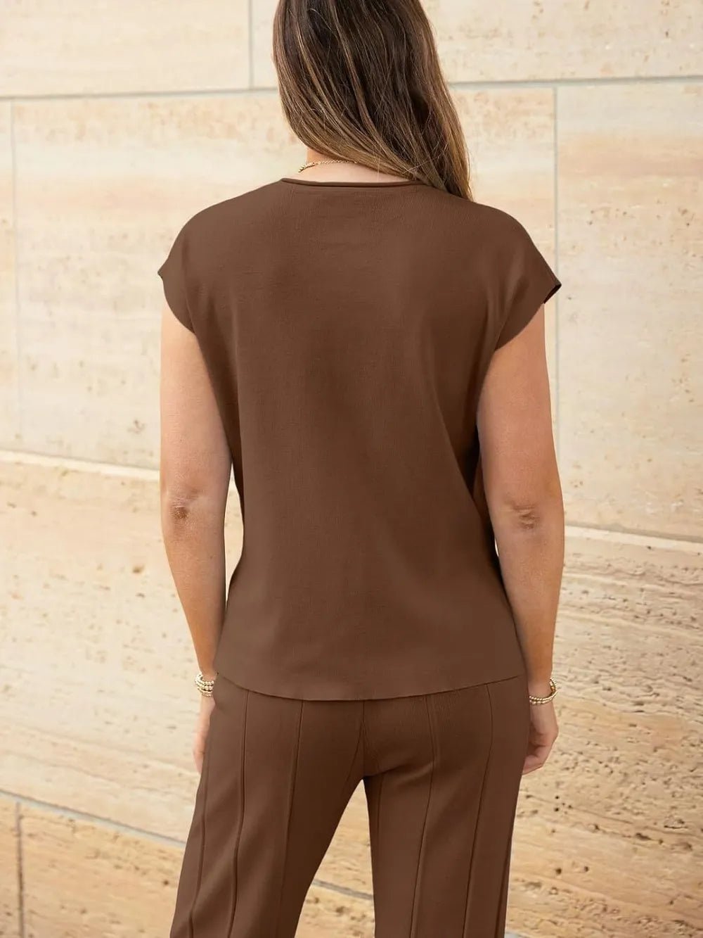 Round Neck Cap Sleeve Top and Pants Knit Set - R - DRESS
