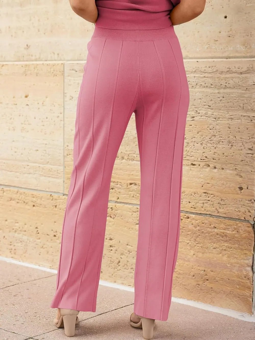 Round Neck Cap Sleeve Top and Pants Knit Set - R - DRESS