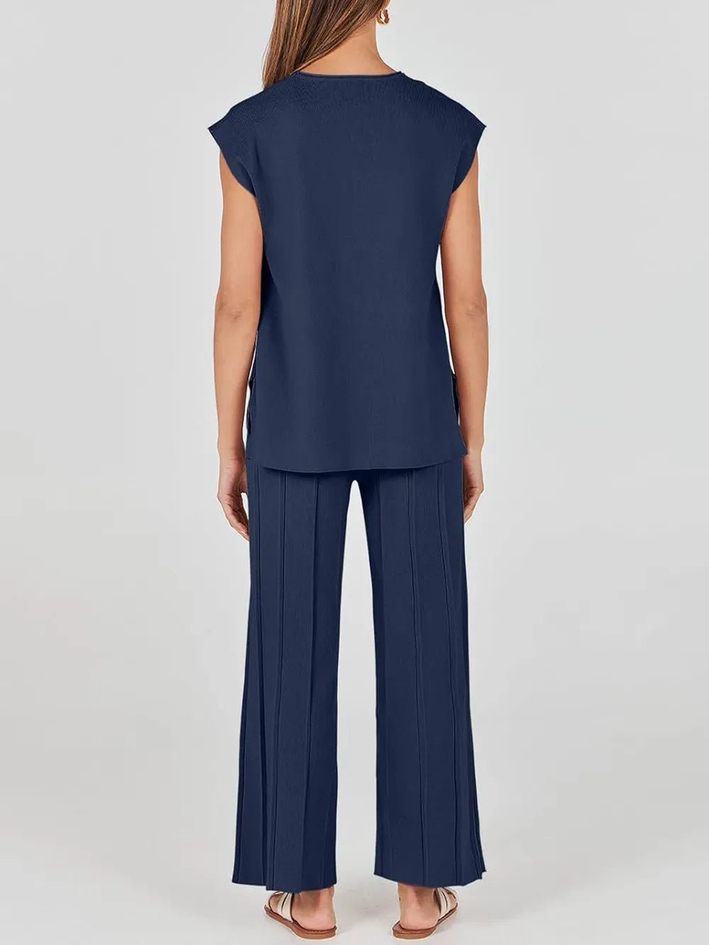Round Neck Cap Sleeve Top and Pants Knit Set - R - DRESS