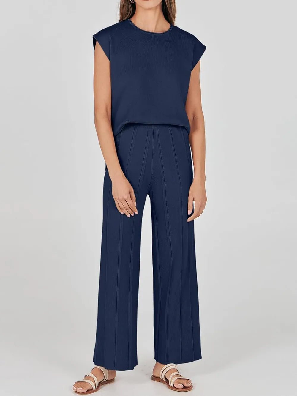 Round Neck Cap Sleeve Top and Pants Knit Set - R - DRESS