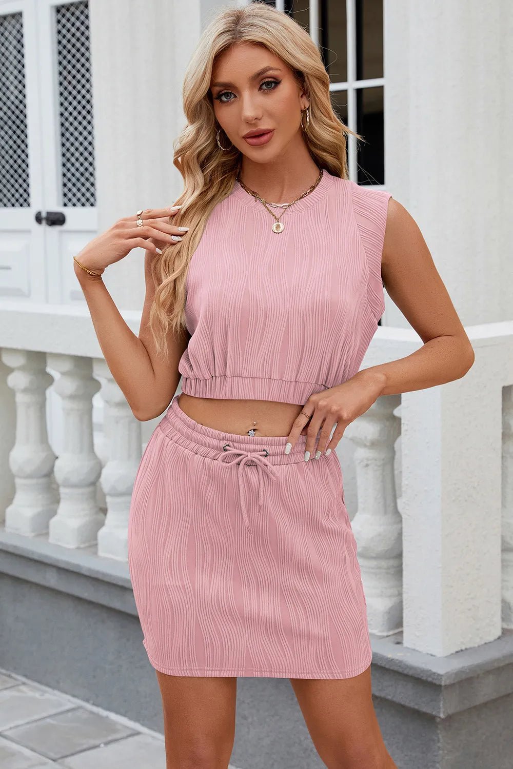 Round Neck Sleeveless Top and Drawstring Skirt Set - R - DRESS